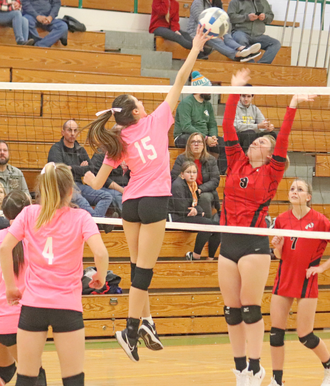 Ava Geglia of Westmoreland gets one of her five kills against Sauquoit Valley at home Wednesday in the team's four-set win.