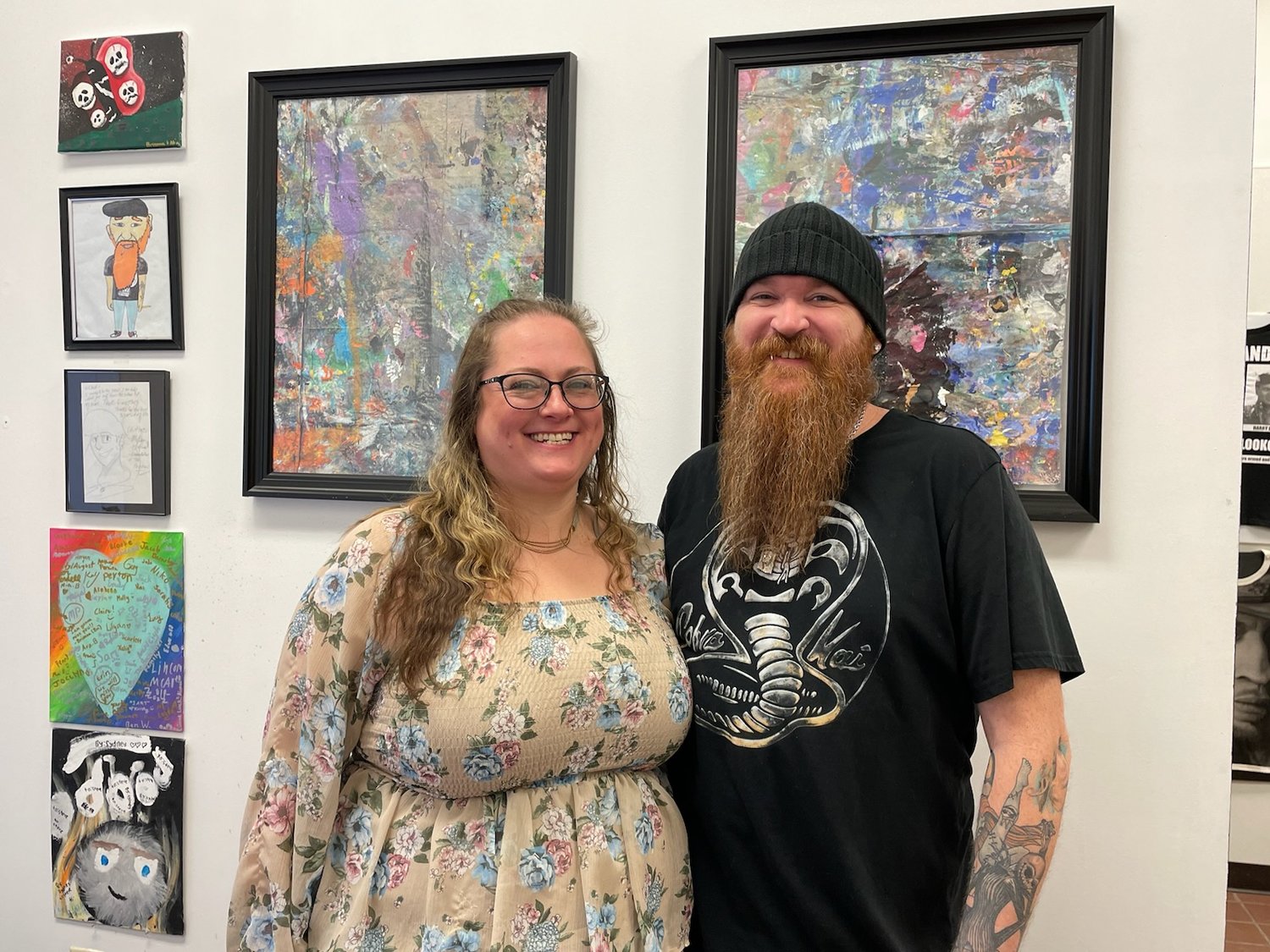 Moria Egan and Steve Snegon stand in front of two art pieces at their art studio located on Rome-Taberg Road in Rome. The works aren't that of an Impressionist painter — they are pieces of table cloth used to cover the work tables at their former studio in New Jersey.
