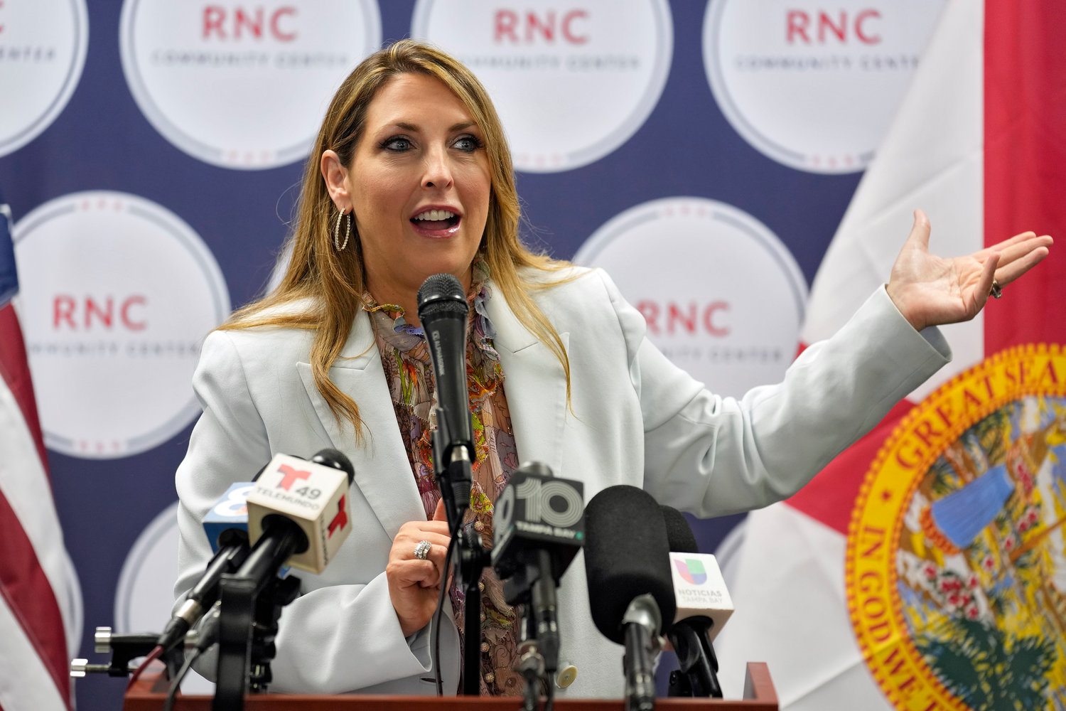 Republican National Committee chairman Ronna McDaniel speaks during a Get Out To Vote rally on Oct. 18, 2022, in Tampa, Fla. The race for RNC chair will be decided on Friday by secret ballot as Republican officials from all 50 states gather in Southern California. McDaniel is fighting for reelection against rival Harmeet Dhillon, one of former President Donald Trump’s attorneys.