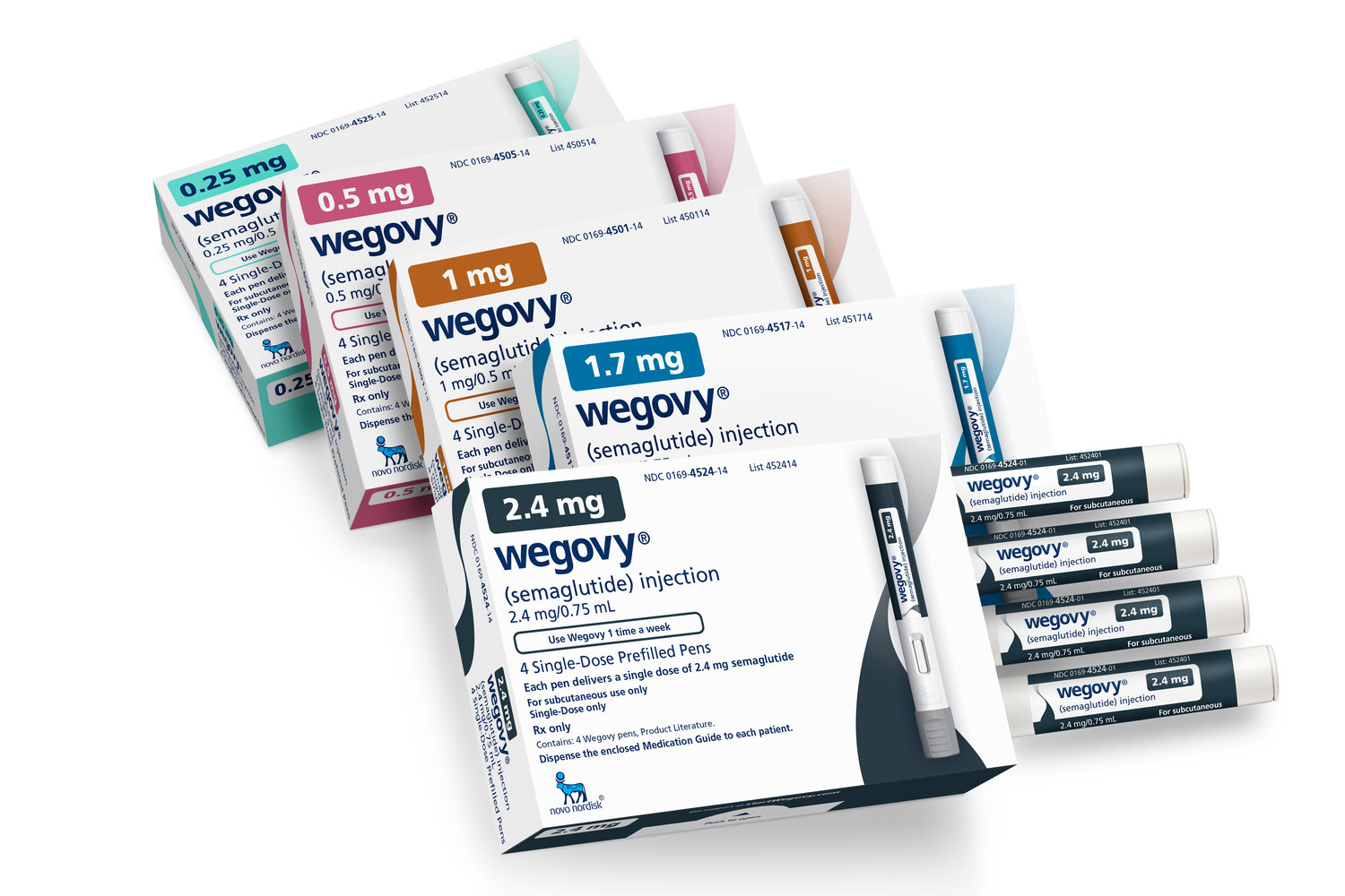 This image provided by Novo Nordisk in January 2023, shows packaging for the company's Wegovy drug. Children struggling with obesity should be evaluated and treated early and aggressively, with medications for kids as young as 12 and surgery for those as young as 13 who qualify, according to new guidelines released by the American Academy of Pediatrics on Monday, Jan. 9.
