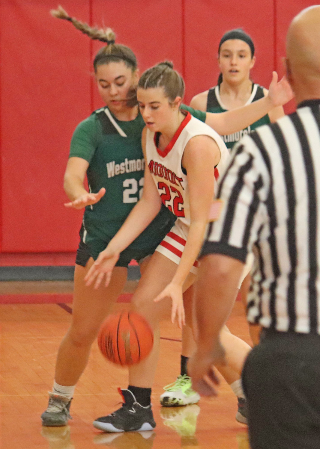 Sauquoit Valley's Makayla Land grabs the ball while defended by Westmoreland's Gabrielle Moore Saturday at home. Land scored five and had 16 rebounds, seven assists, five blocks and five steals but Sauquoit lost 45-34.