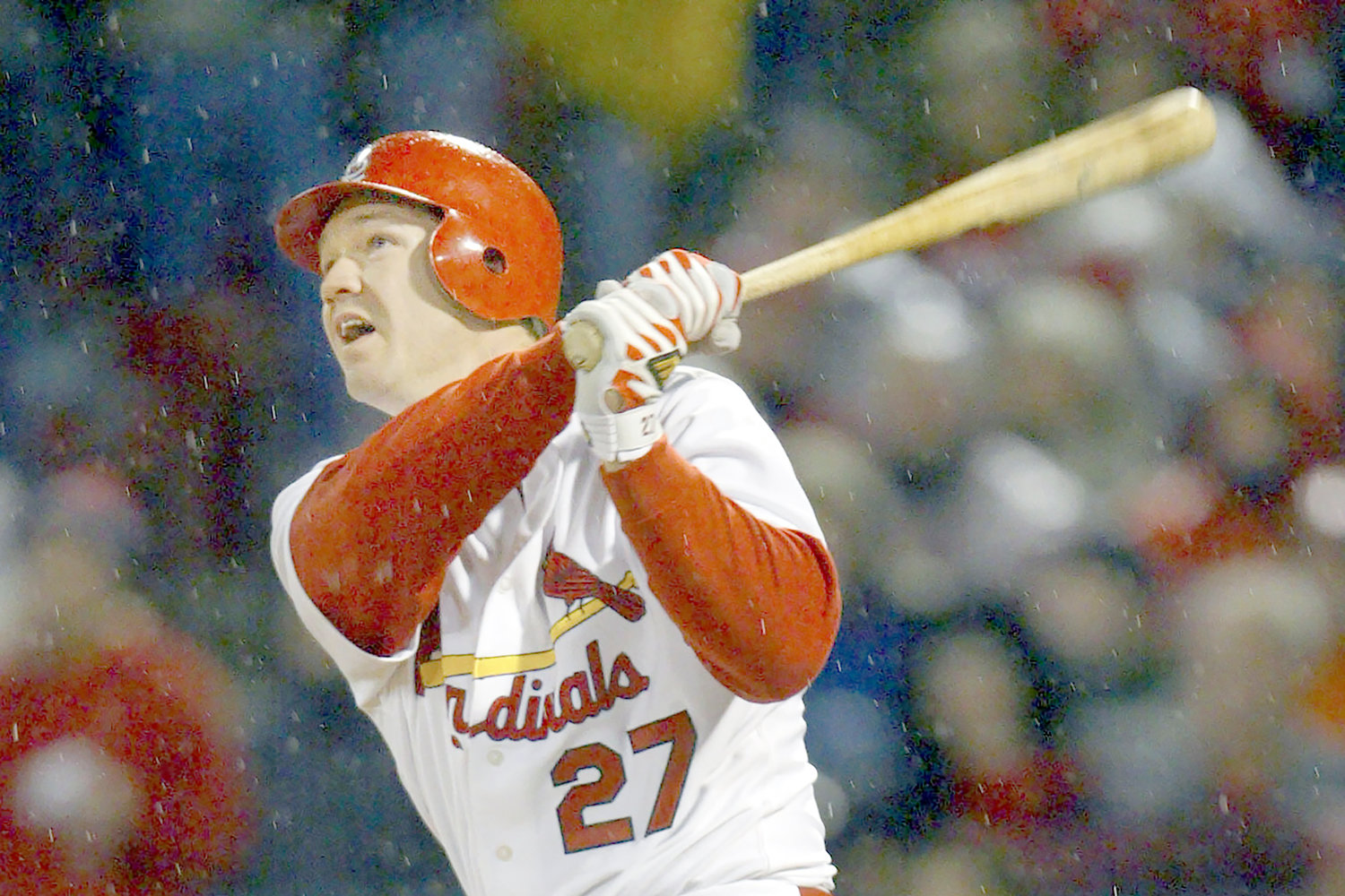 St. Louis Cardinals batter Scott Rolen watches his two-run home run off Houston Astros pitcher Chad Harville during Game 2 of the NLCS on Oct. 14, 2004, in St. Louis. Rolen was elected to baseball’s Hall of Fame on Tuesday with five votes to spare above the 75% needed.