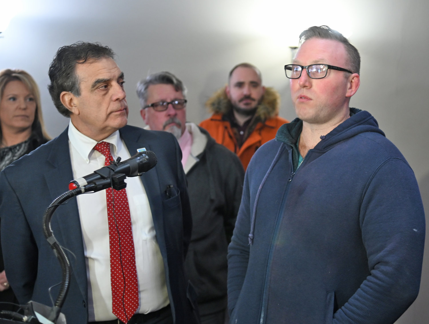 Travis McNeil, right, talks with Mayor Robert Palmieri inside the building at 238 Genesee St. on Tuesday, Jan. 24. The building, officials said, will be completely rehabilitated.