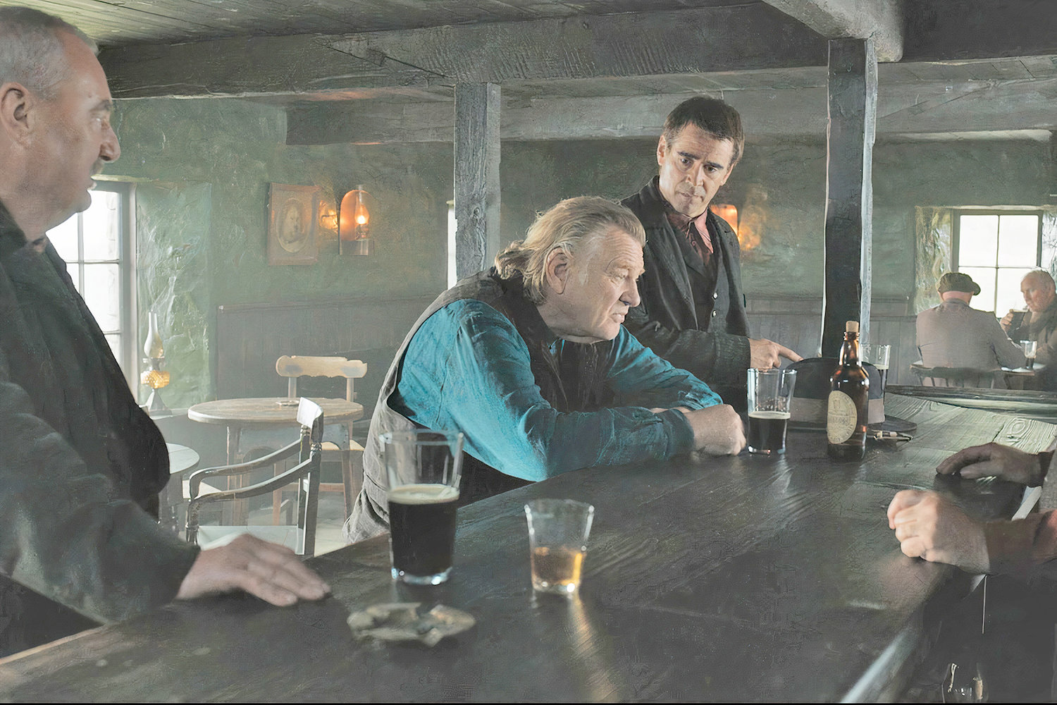 Brendan Gleeson, center, and Colin Farrell in a scene from “The Banshees of Inisherin.”