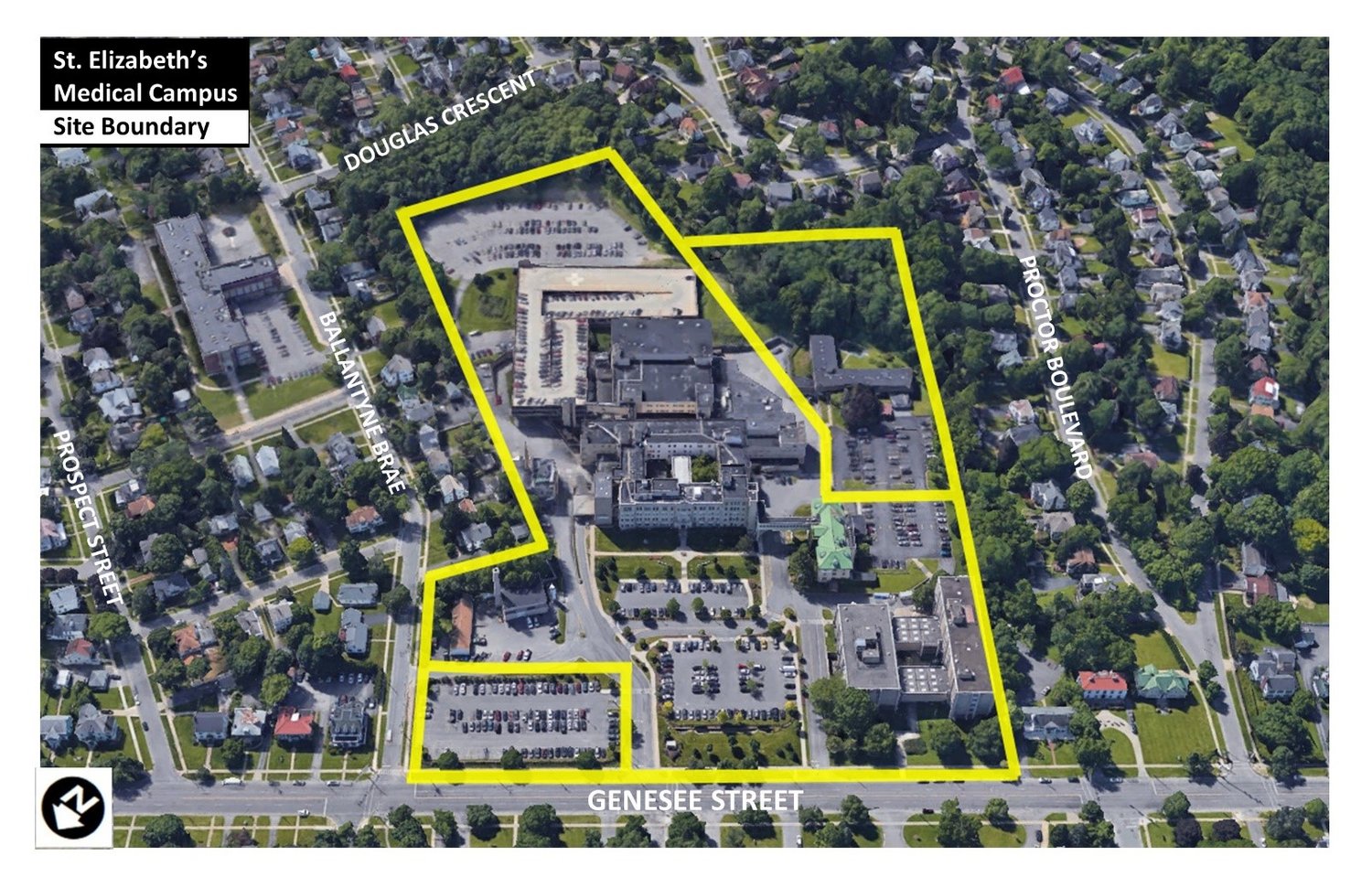 The site boundary of the St. Elizabeth Medical Center campus is shown in this City of Utica illustration.  The city and the Mohawk Valley Health System will partner to develop a plan for the re-use of the parcel when the Wynn Hospital opens in downtown Utica later this year.