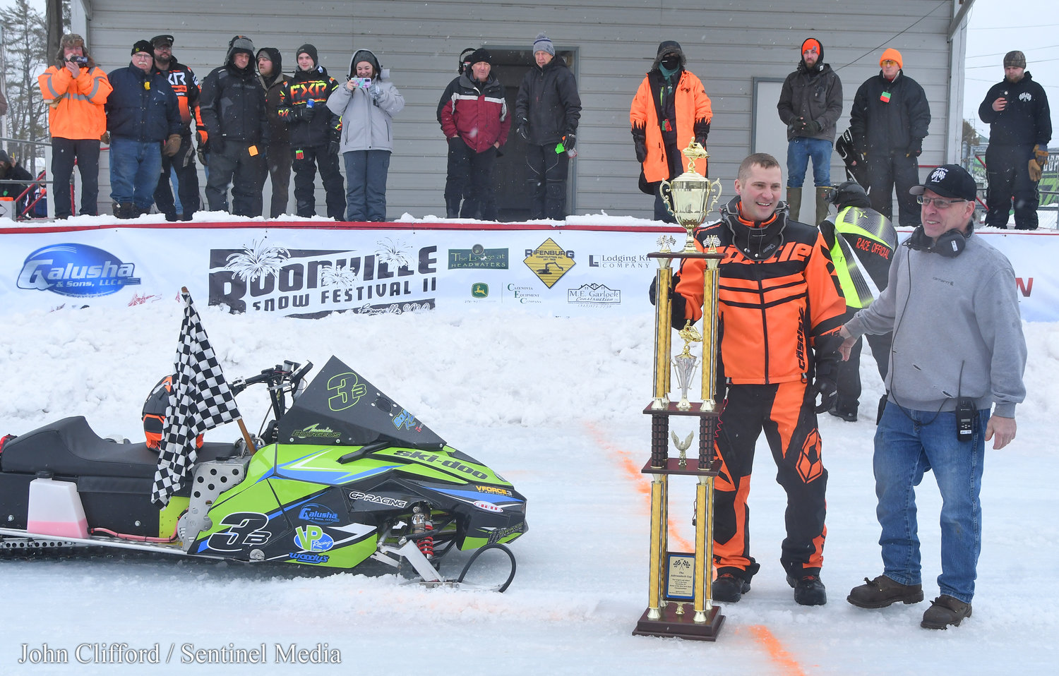 Jamie Bourgeois from Boonville is the 2023 Pro Champ Adirondack Cup winner Sunday, January 29, 2023. He is in victory lane with race director Tony Pettinelli of Rome.