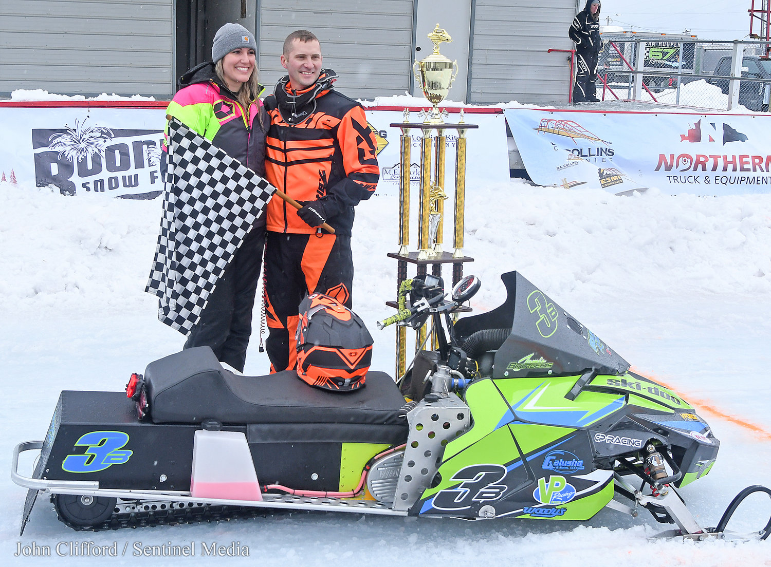 Jamie Bourgeois from Boonville, with his wife Ashley,  is the 2023 Pro Champ Adirondack Cup winner Sunday, January 29, 2023.