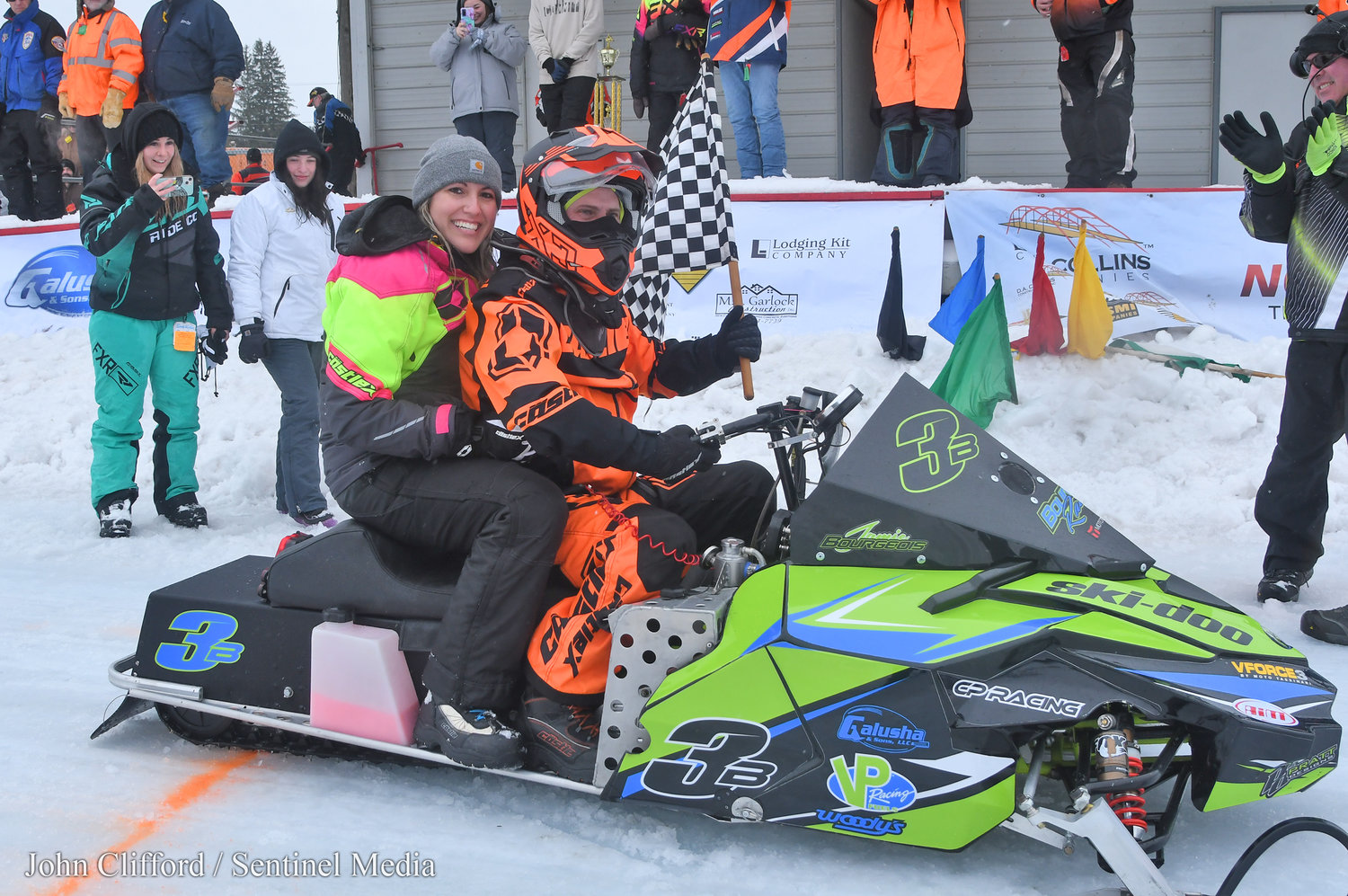Dream come true- Jamie Bourgeois andhis wife Ashley from Boonville  head out on the track for a victory lap after winning the 2023 Pro Champ Adirondack Cup winner in victory lane Sunday, January 29. Bourgeois said he has been trying to win this race since it came back in 2006 or 2007 to for the last 15 years. He credited a new sled and motor package and people helping him out for his win. Bourgeois races all over Canada and has been out to Wisconsin to race but this is the "one I've been after my hometown track" race.