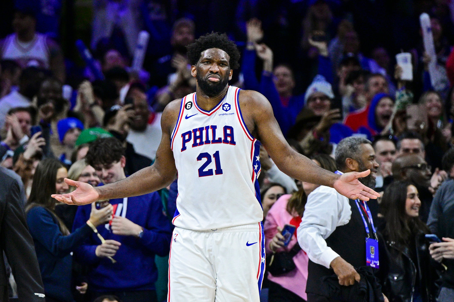 Philadelphia 76ers' Joel Embiid reacts after a play during the second half of an NBA basketball game against the Denver Nuggets, Saturday, Jan. 28, 2023, in Philadelphia.
