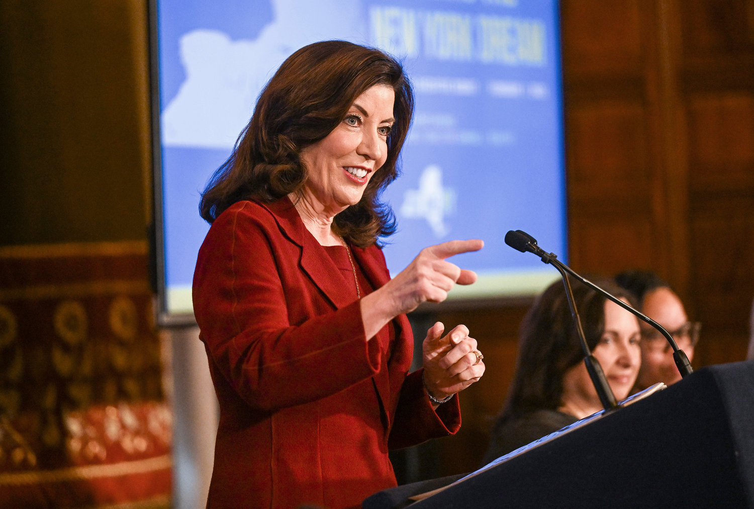 New York Gov. Kathy Hochul presents her executive state budget in the Red Room at the state Capitol Wednesday, Feb. 1, 2023, in Albany, N.Y.