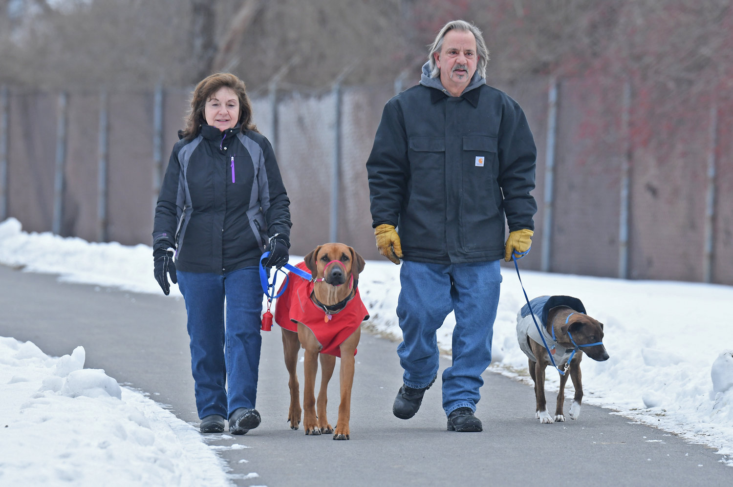 ALL BUNDLED UP — Maria and Tim Ramos, with their dogs Tanner and Lady, are all dressed up for the cold as they walk on the Mohawk River Trail in Rome on Thursday morning. With even colder temperatures on the way today and Saturday, people are urged to take proper precautions for themselves and their pets. All four of the walkers comfortably completed a two-mile trek on the popular trail before getting out of the cold. (See article on page 2)