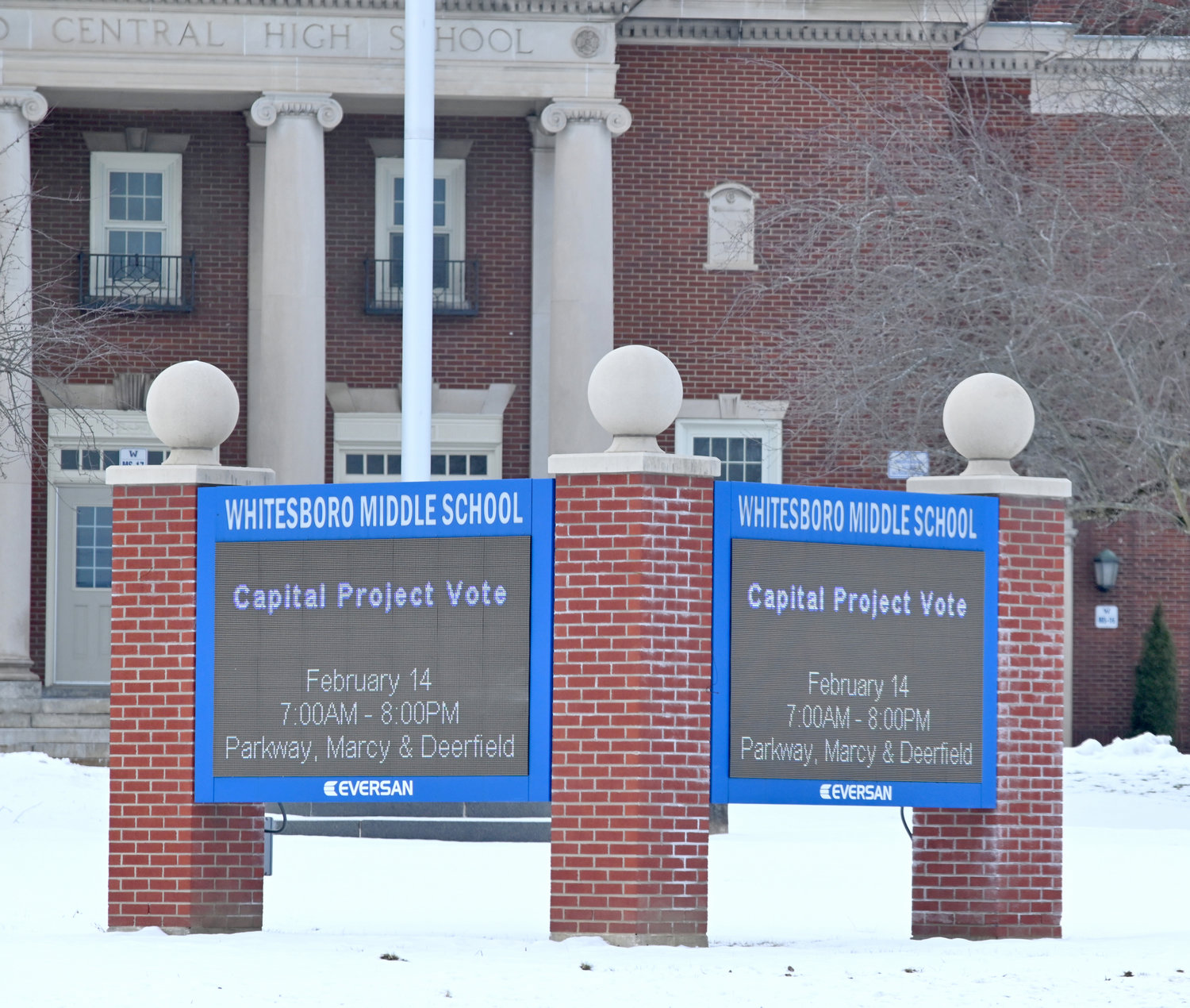 The marquee in front of the Whitesboro Middle School, 75 Oriskany Blvd., reminds district residents that they can soon have their say on the proposed $26 million capital project. The vote will take place from 7 a.m. to 8 p.m. Tuesday, Feb. 14, at the Parkway, Marcy and Deerfield schools.