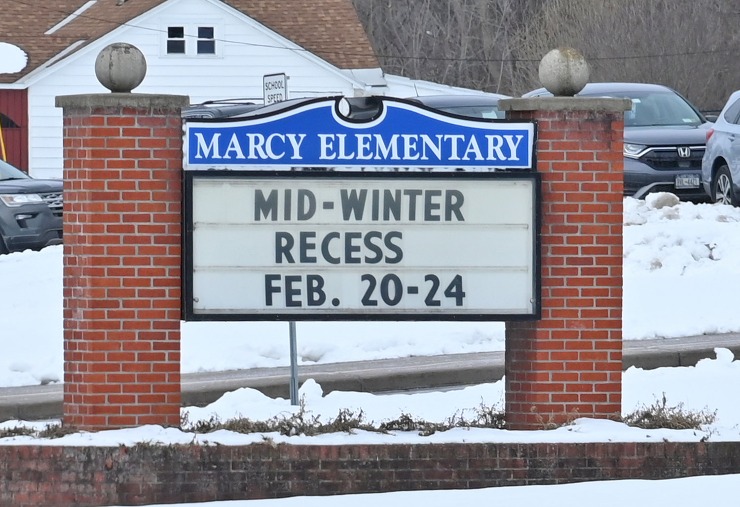 Marcy Elementary School marquee in front of the school Thursday, Feb. 2.