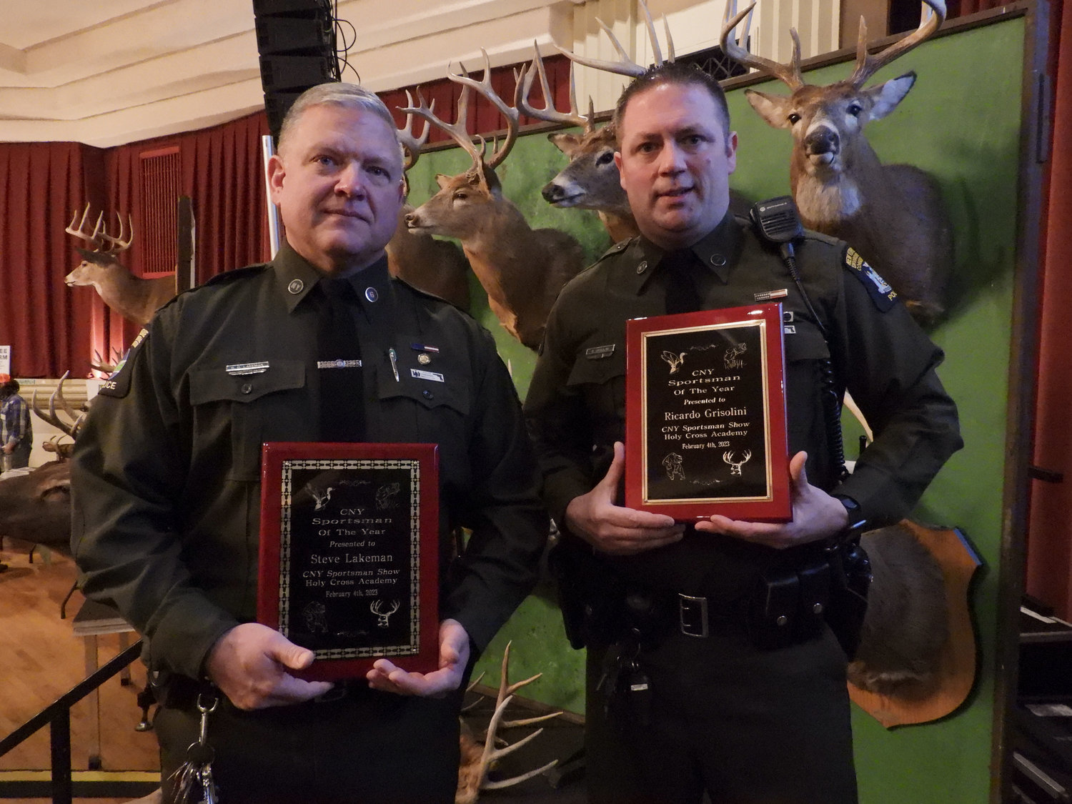 A first for the CNY Sportsman Show, two Sportsman of the Year were chosen: Steve Lakeman, left, and Ricardo Grisolini, both environmental conservation officers who have dedicated their lives to promoting the great outdoors and ensuring its for everyone.