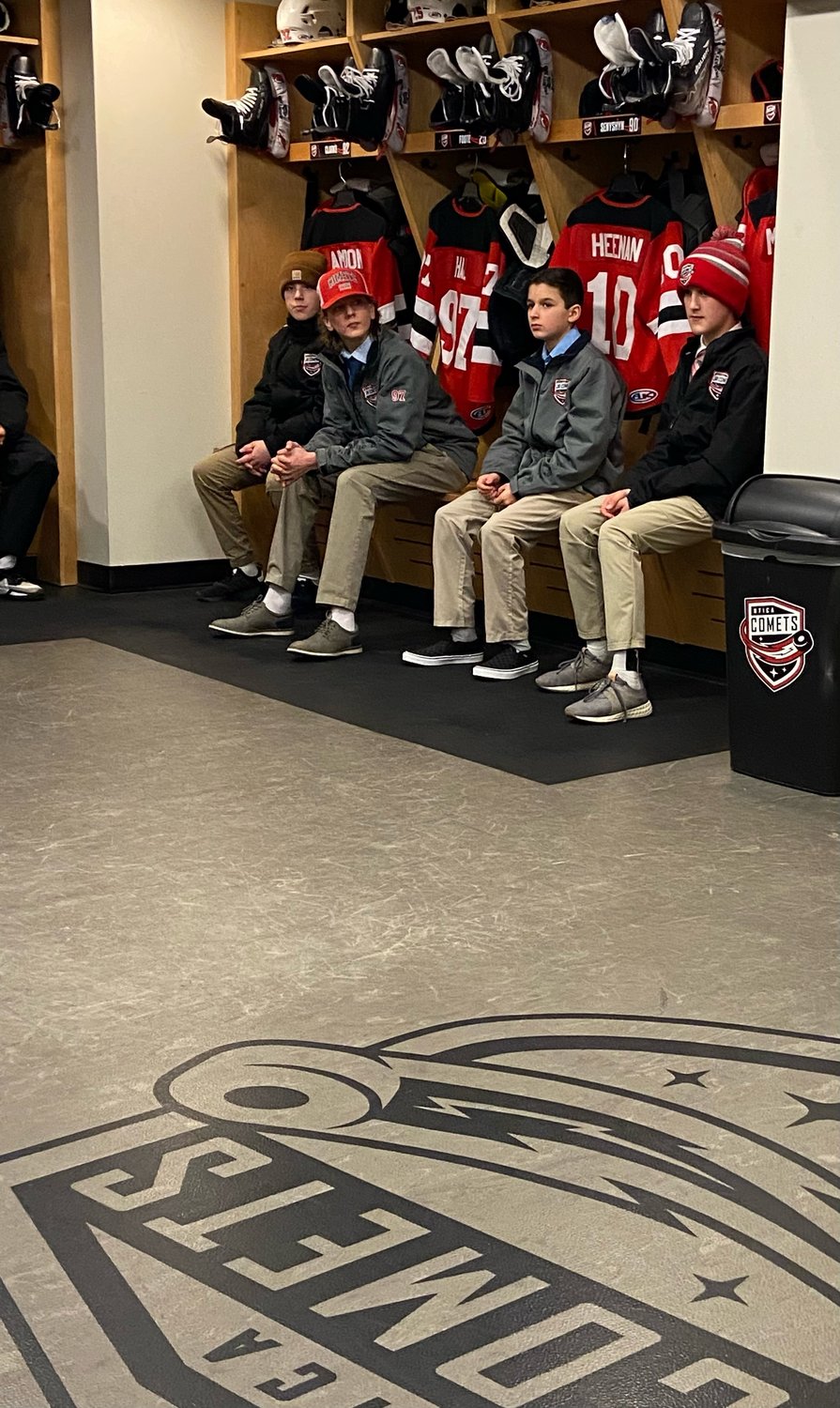 Utica Junior Comets players each got a spot in one of the lockers of a Utica Comets player during a short send-off event for the youth team. The squad is playing in a well-known tournament in Quebec.