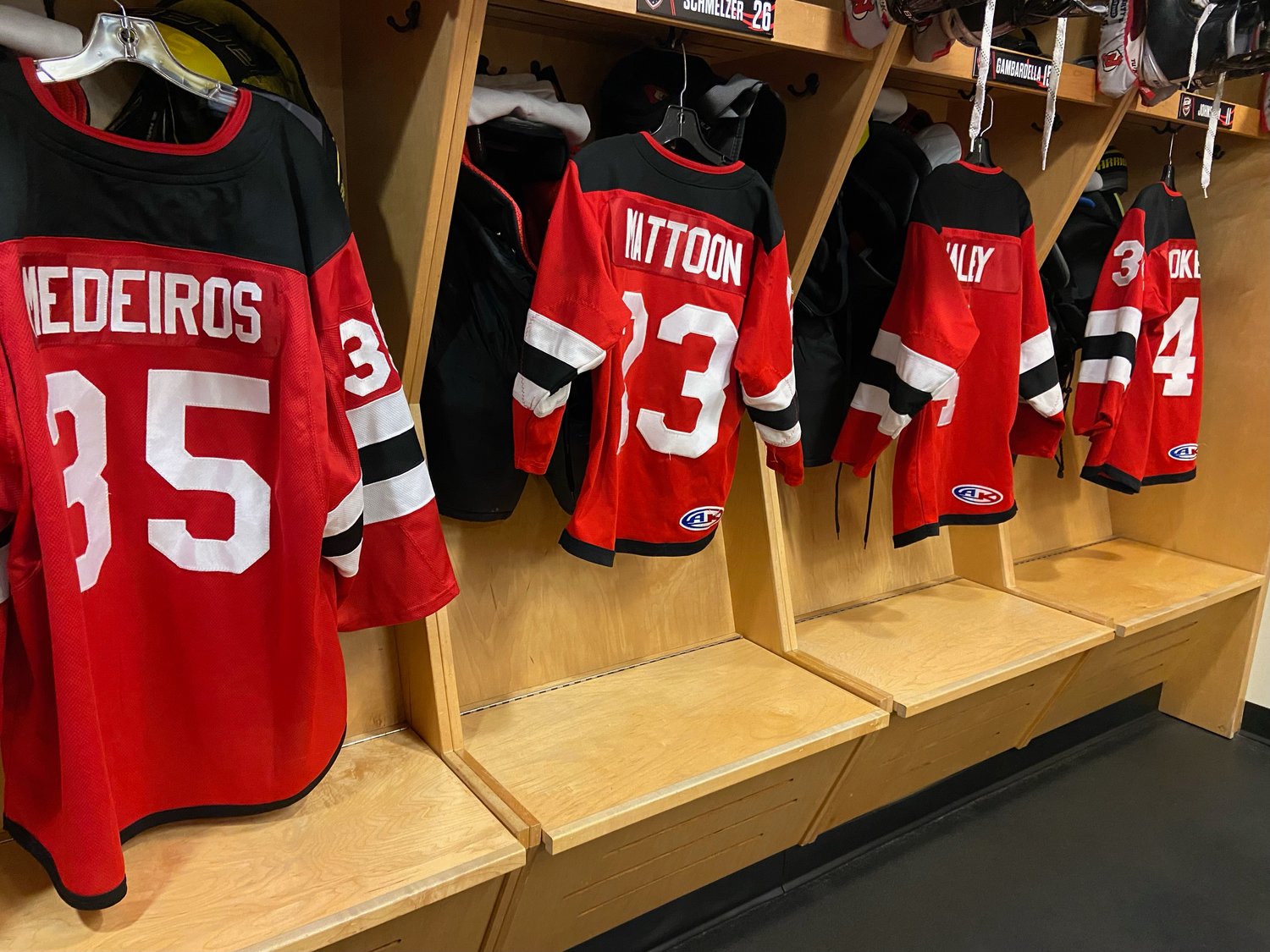 The Junior Comets had their jerseys hung from the stalls of Utica Comets players Saturday afternoon at the Adirondack Bank Center.