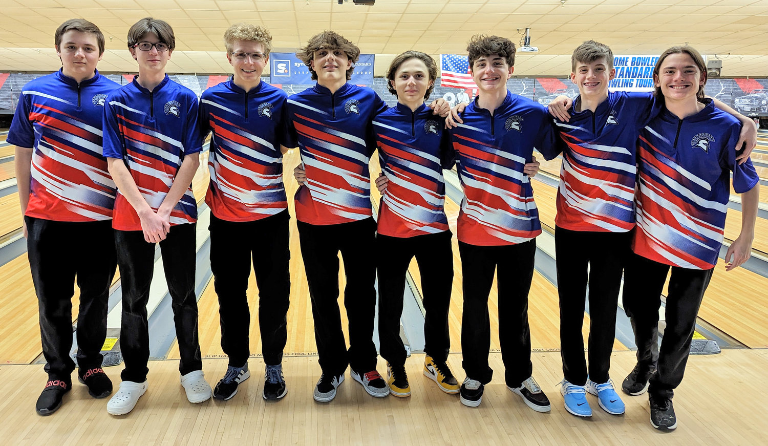 The New Hartford boys bowling team defended its Section III Class B title and won the Division 1 category at the Section III Championship at Strike ‘n Spare Lanes in Mattydale last weekend. The win qualified the Spartans for the state tournament March 10 at the same location. From left: CJ Fletcher, Nick Bennett, Brendan Krol, Trevor Cyr, Andrew Cyr, Raymond Cyr, JP Lazzaro and Zack Pazik.