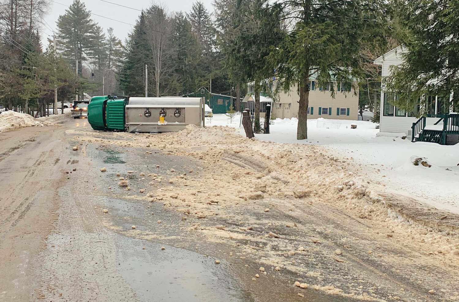 An icy South Shore Road in the Town of Webb in Herkimer County caused this fuel truck to overturn Thursday morning, according to the Webb Police Department. The driver was not injured and the truck was lifted with only a small amount of fuel leaking out, police stated.