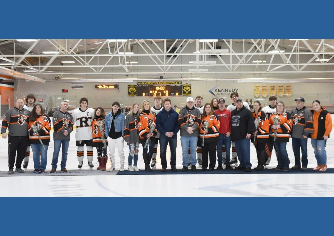 The seniors of the Rome Free Academy ice hockey team posed with their families before Wednesday’s Senior Night game at Kennedy Arena against the Mohawk Valley Jugglers. The Black Knights won 8-1. From left, with their families, are players Jacob Swavely, Jack Pylman, Jake Premo, Michael Occhipinti, Tyler Wilson and Braeden Sturtevant.