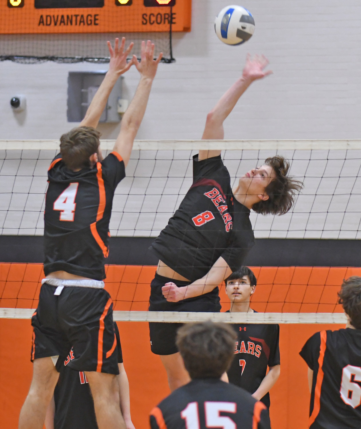 Chittenango's Landon Parks goes for the kill with Rome Free Academy's Gavin Civitelli defending at Strough gym in Rome on Thursday. Parks had six kills in a three-set win for the Bears.