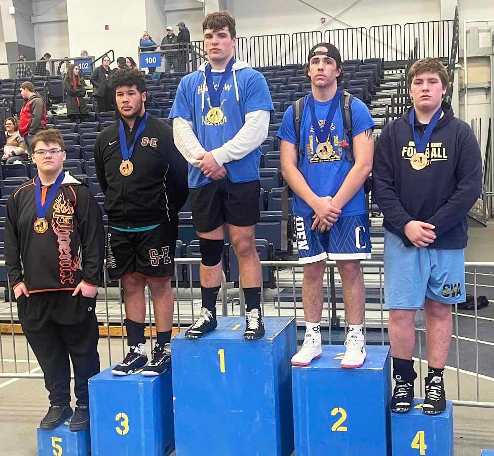 Adirondack wrestler Colin White stands atop the podium after he won the Section III Division 2 title at 285 pounds this past weekend. The win earned him a spot in the state meet Feb. 24-25 in Albany. From left: Landon Crandall of Phoenix, Landon Andrade of Sherburne-Earlville, White, Joshua Salsman of Camden and Jeremy Mcredmond of Central Valley Academy.