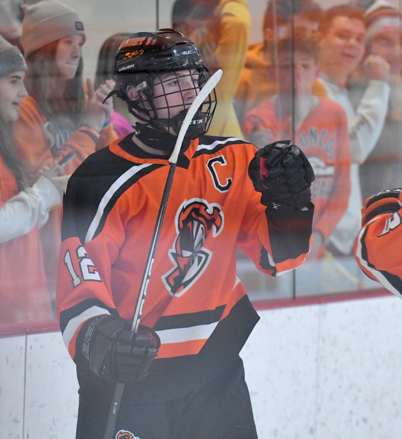 Rome Free Academy senior forward Jacob Premo celebrates a goal earlier this season. Premo was named a Section III Division 1 hockey first team all-star.