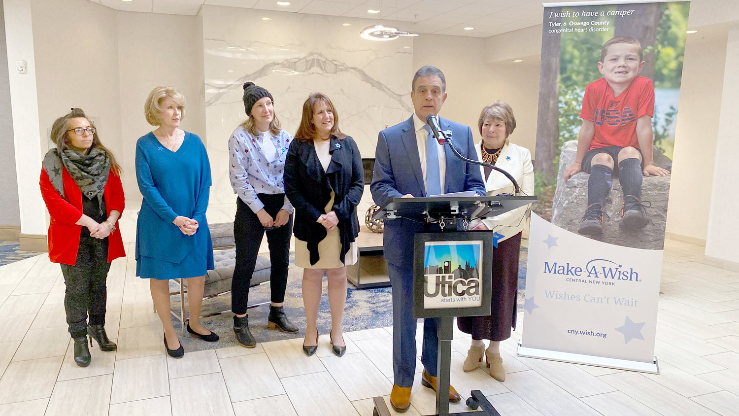 Utica Mayor Robert Palmieri, joined by his wife Susan, representatives with Make-A-Wish Central New York and Delta Hotels by Marriott, announced the local Make-A-Wish chapter as the beneficiary of the 2023 Mayor’s Benefit Gala.