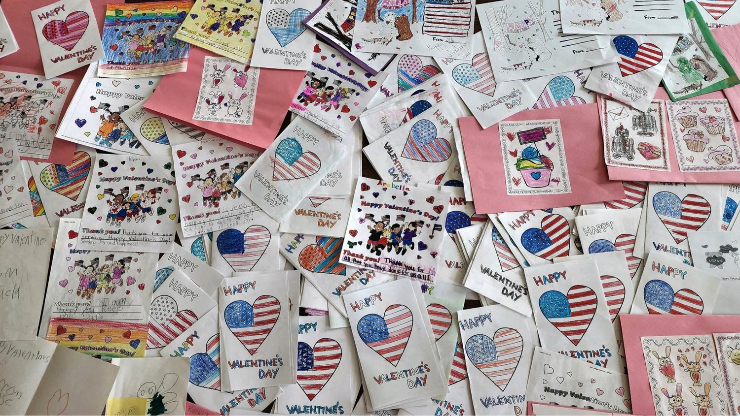 Some of the Valentine’s Day cards that were decorated by area school children are displayed before being sent to veterans in this photo from Assemblywoman Marianne Buttenschon’s office.
