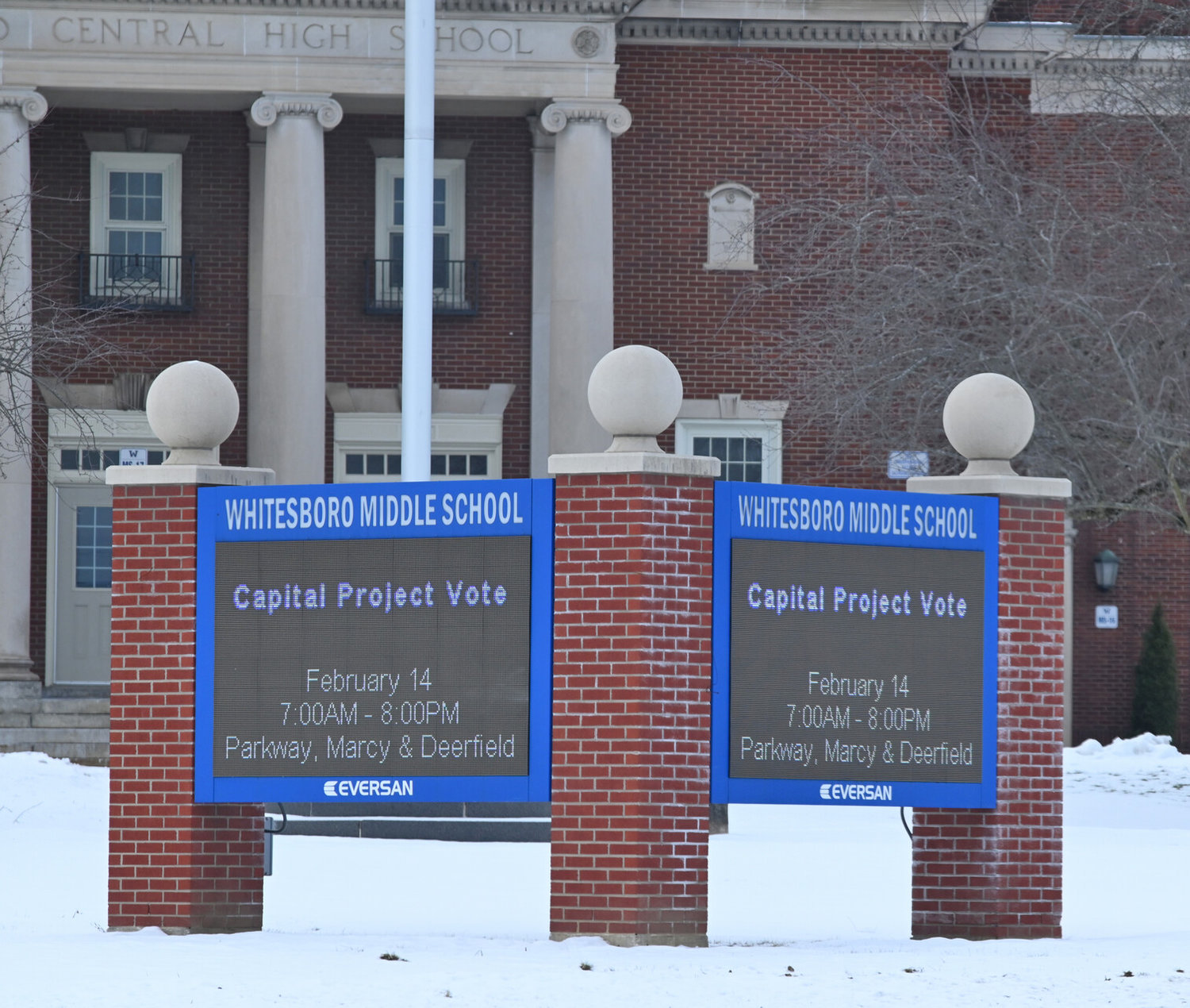 The approval of a $26 million capital improvement project Feb. 14 by Whitesboro Central School District voters will mean electronic marquees like this one in front of Whitesboro Middle School will soon be seen at each of the district elementary schools and the Parkway school as well.