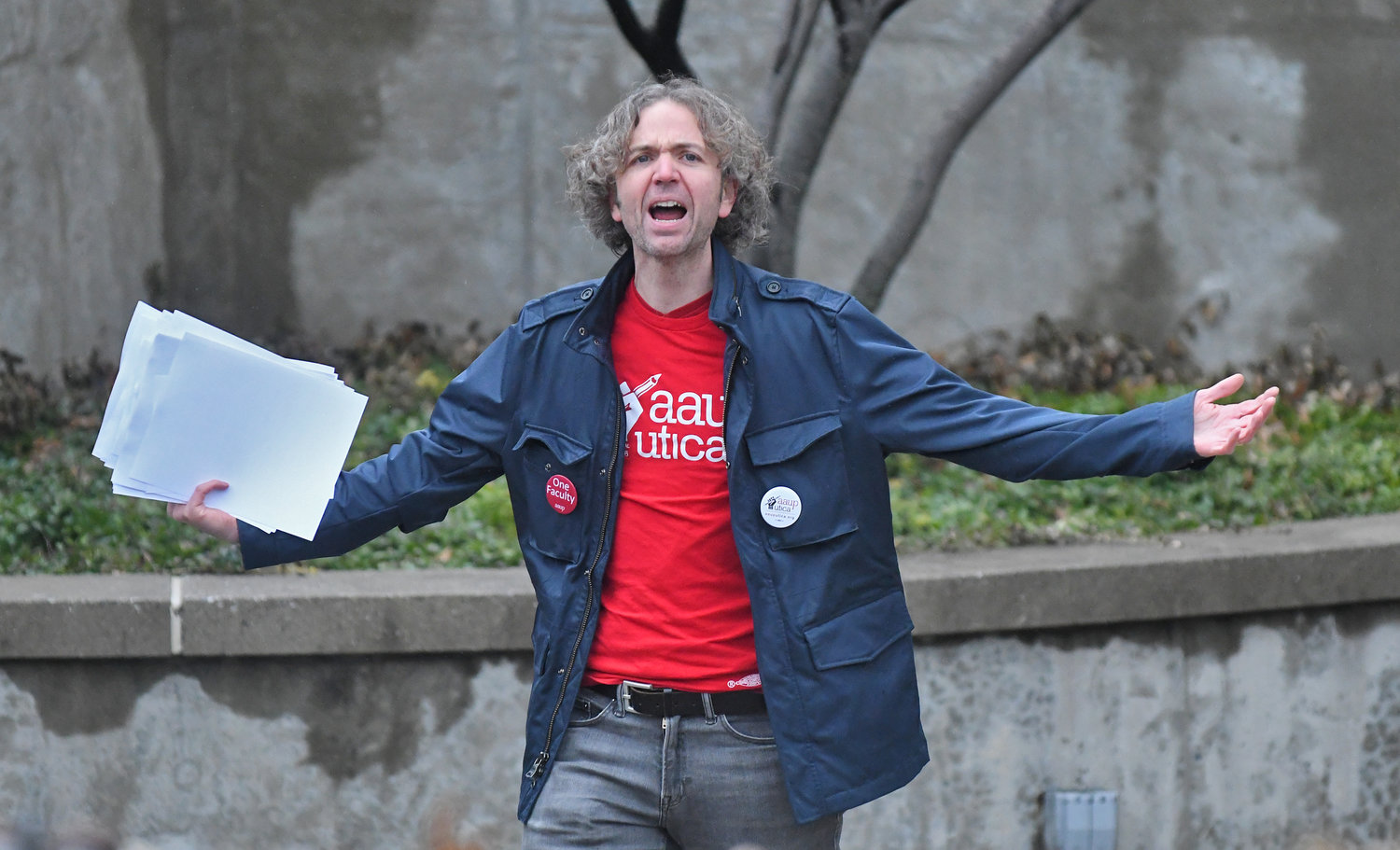 Philosophy Professor Douglas Edwards pleads for transparency Friday, Feb. 17 during a protest at Utica University.