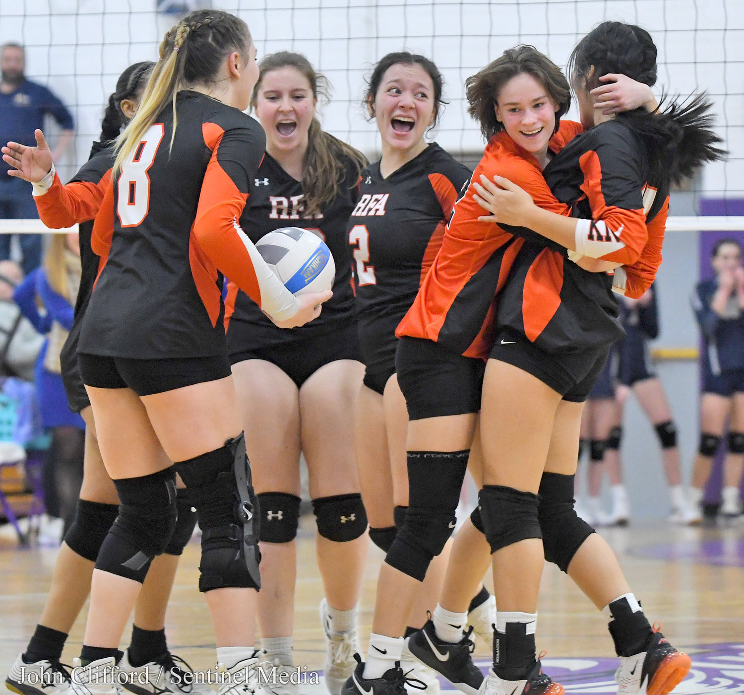Rome Free Academy Black Knights girls volleyball team celebrate a point during the Section III Class A finals match with Whitesboro at Case Middle School in Watertown.