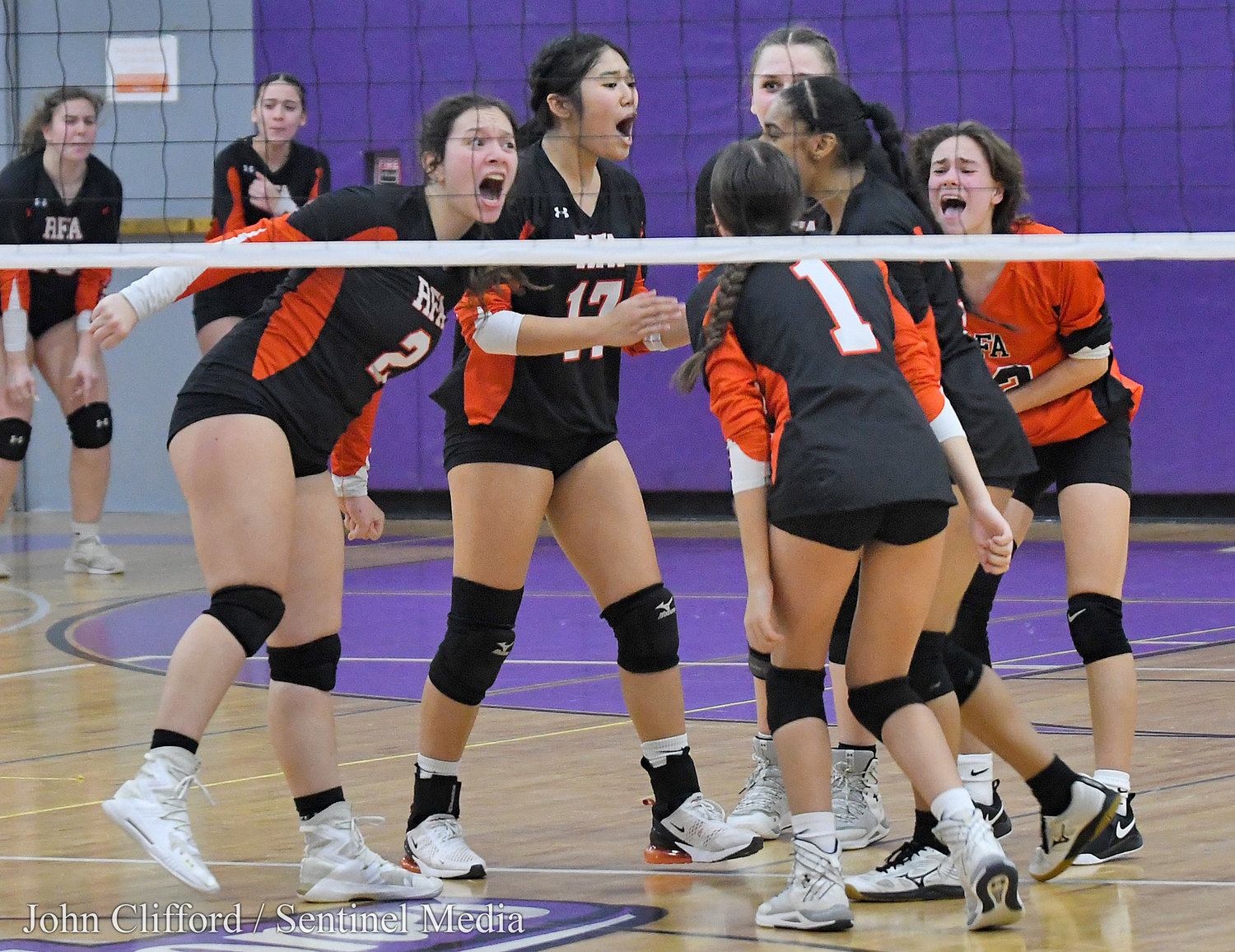 Rome Free Academy Black Knights girls volleyball team celebrate point during the Section III Class A finals match with Whitesboro at Case Middle School in Watertown.
