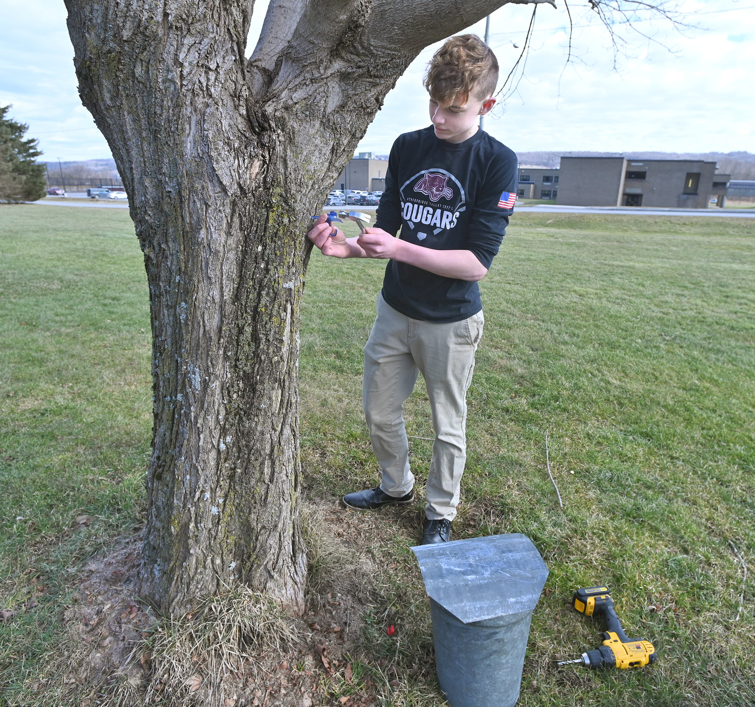 Sullivan Tifft, a 10th grader at Stockbridge Valley Central School, demonstrates tapping a maple tree Wednesday, Feb. 15 at the Munnsville school.