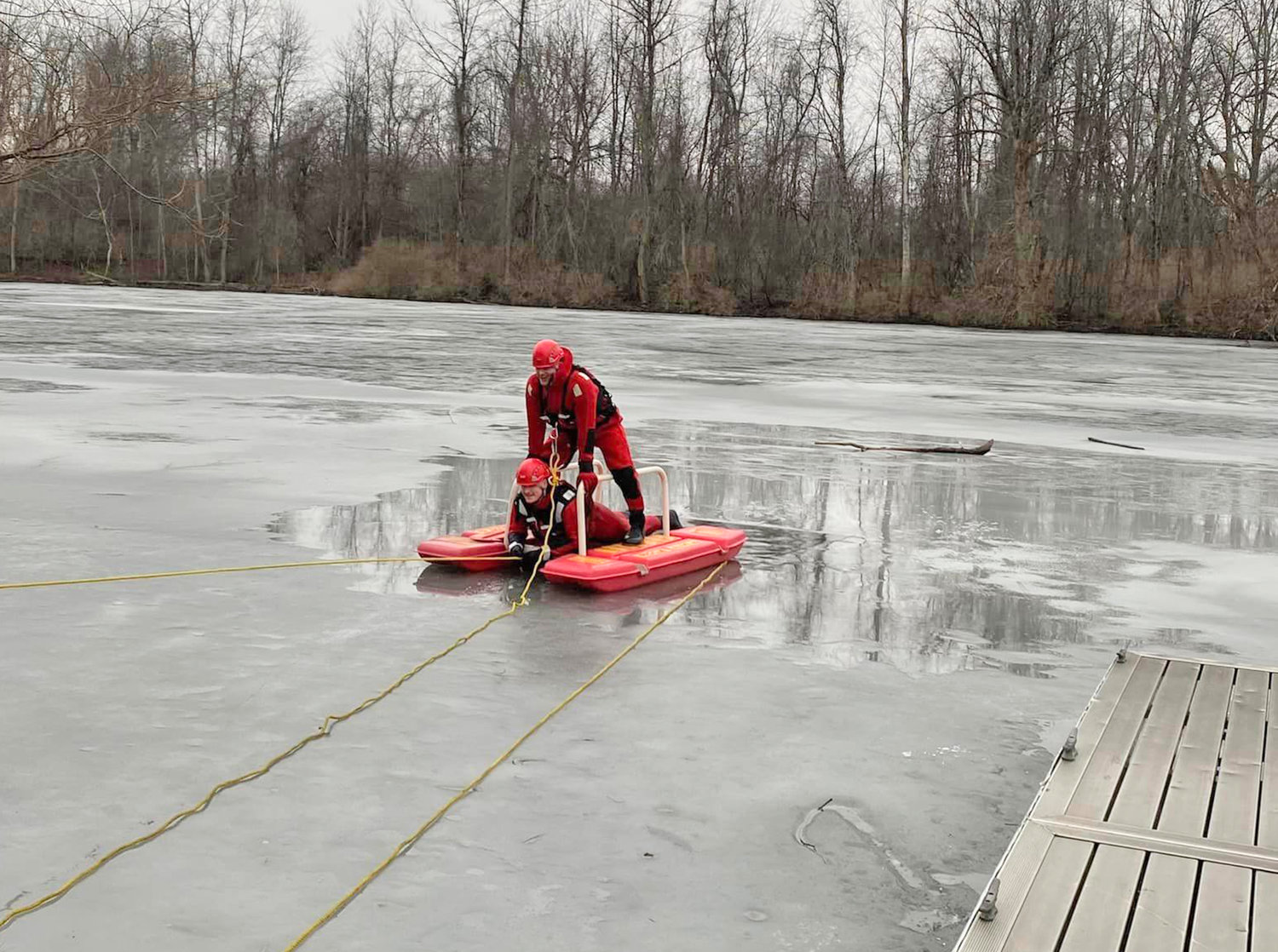 As part of ice water rescue training, Rome firefighters took their rescue sled out onto the frozen Barge Canal Tuesday afternoon. The training is an annual requirement from the state. As part of the exercise, the firefighters, clad in protective suits, brave the frigid waters of the canal to keep their skills sharp if an ice/water emergency rescue is needed.