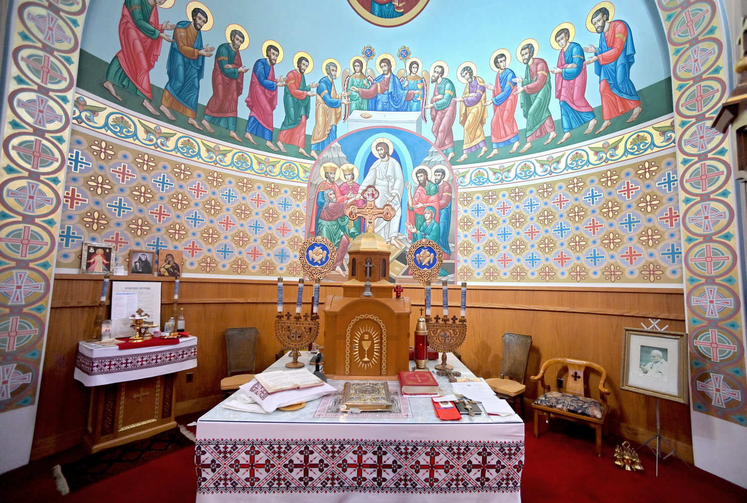 PAUSING TO REMEMBER — From the altar of the St. Volodymyr Ukrainian Catholic Church, shown here on Tuesday, Feb. 21, members of the local Ukrainian community and fellow members of the community will pause today, at 5 p.m., for a somber commemoration to mark the one-year anniversary of the Russian invasion of Ukraine. Following the service, people are invited to gather in the auditorium for refreshments.
