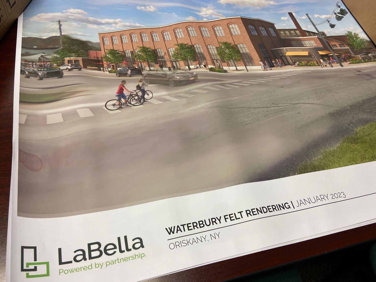 This concept drawing was one provided by LaBella Associates, of Rochester — a rendering of the former Waterbury Felt Mill as the developers and village planning board consider options for the site once it’s rehabilitated. The historic building may one day house restaurants, shops or senior apartments.
