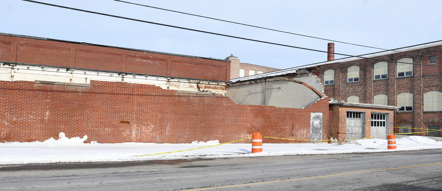 This photo shows the collapsed roof at the former Waterbury Felt Mill on River Street in the Village of Oriskany.