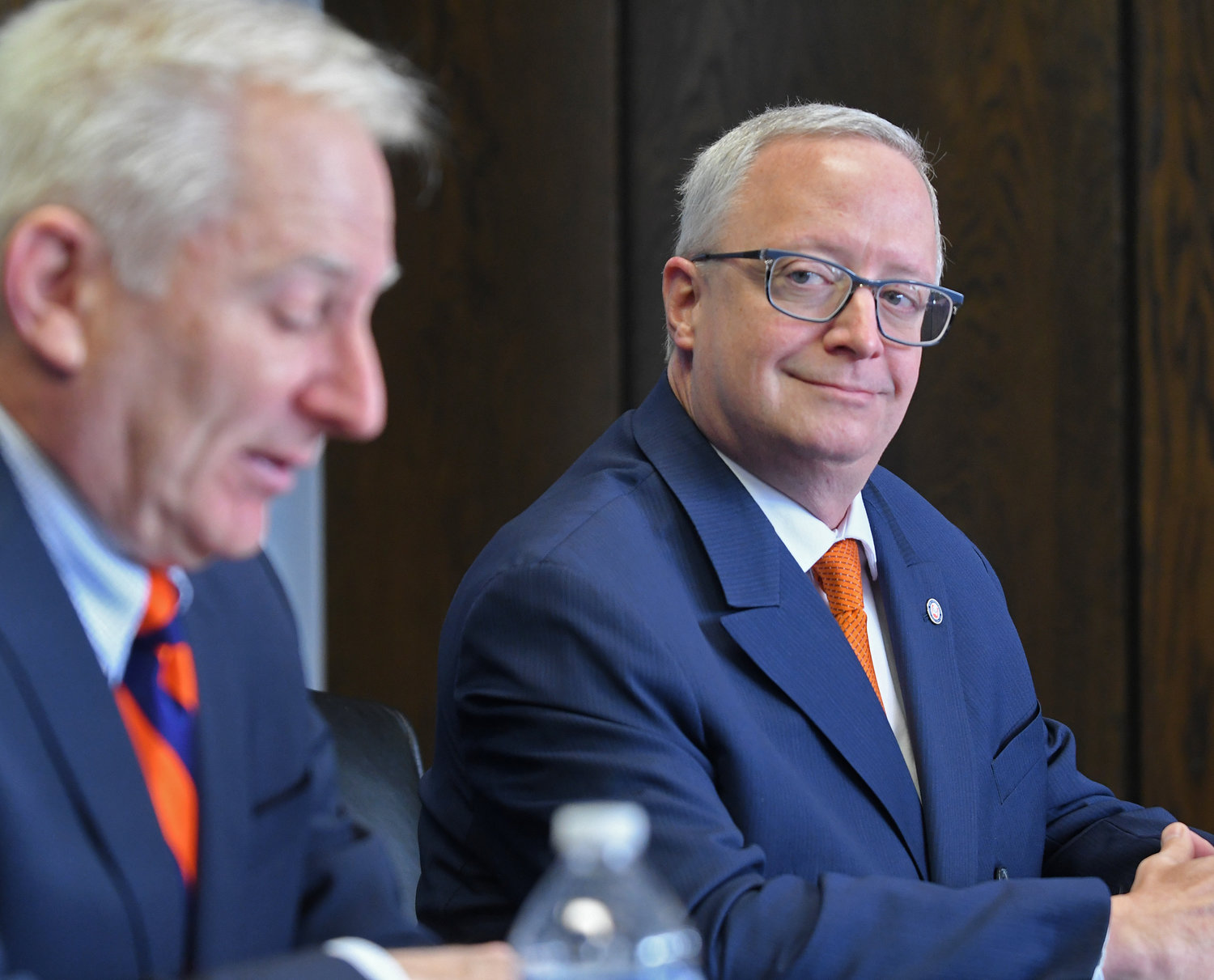 Todd Pfannestiel, right, listens to Utica University Board of Trustees Chairperson Bob Brvenik Monday, Feb. 27, as Brvenik announces Pfannestiel’s selection as the university’s 10th president.  Pfannestiel will take the helm of the university on Aug. 1, following the July 31 retirement of current president Laura Casamento.