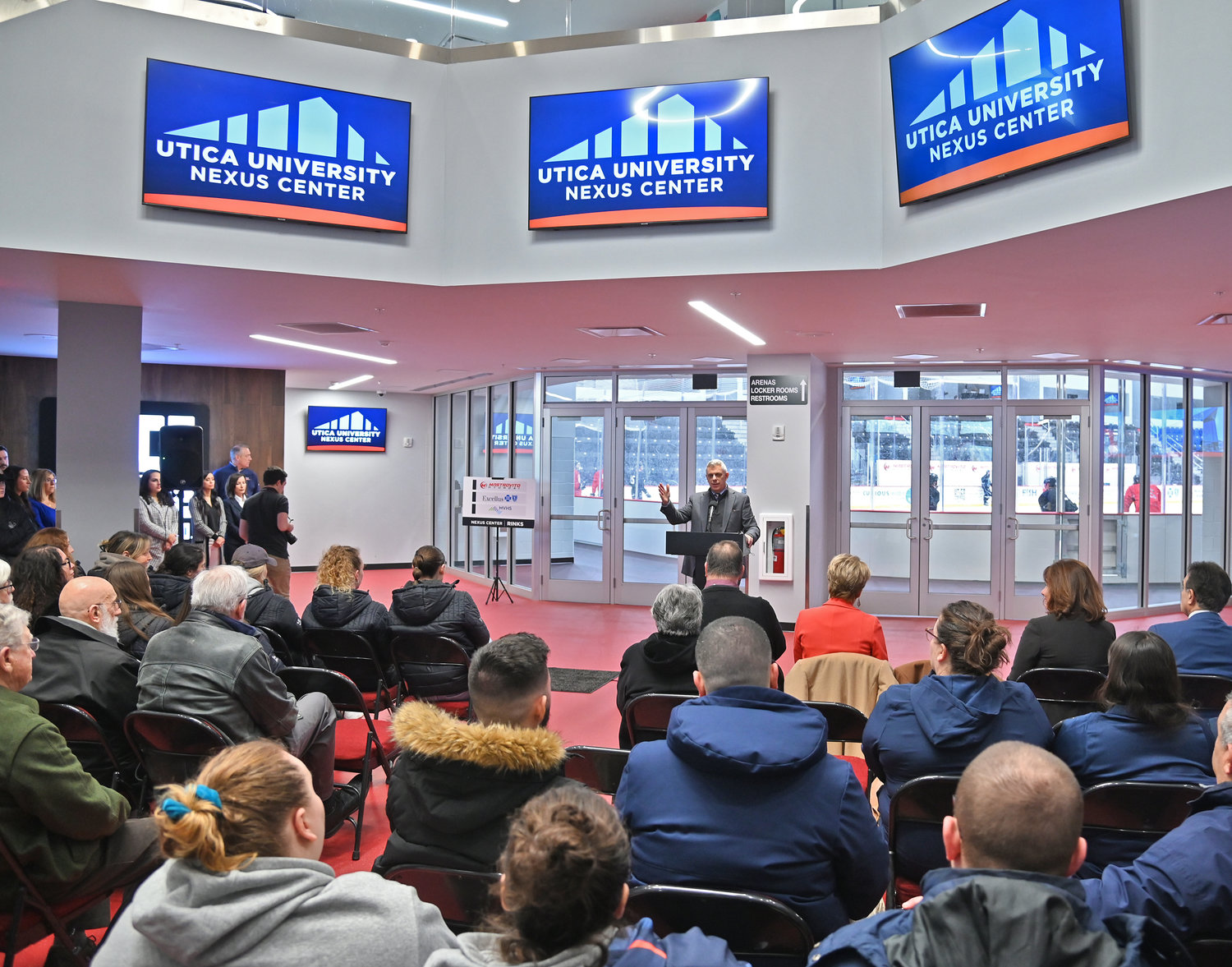 A packed atrium of the now Utica University Nexus Center listens as County Executive Anthony J. Picente Jr., announces the naming rights for the facility on Thursday, March 2.