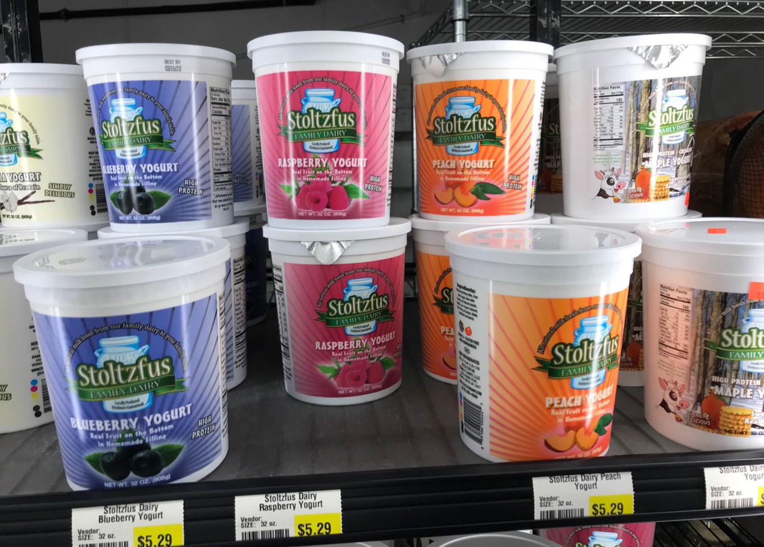 Stoltzfus Dairy yogurts in a variety of fruit flavors are available at Olde Kountry Market in Vernon.