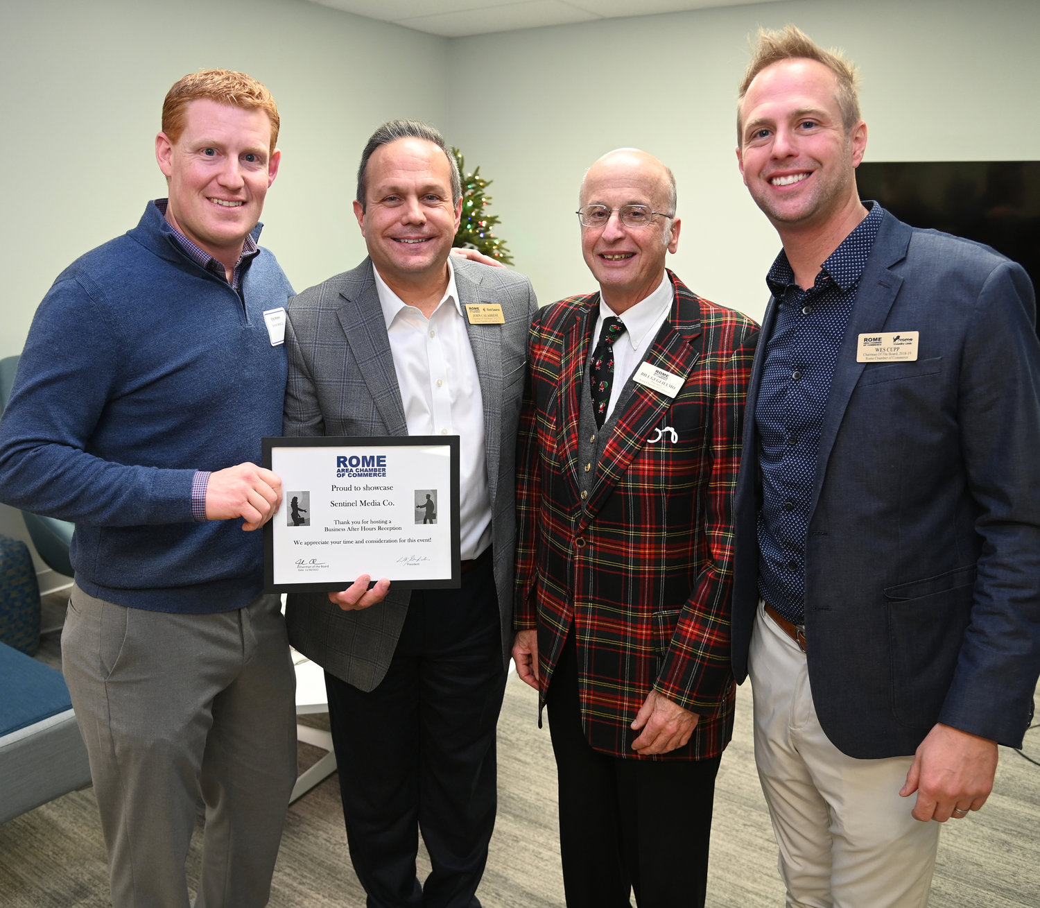 One of Bill Guglielmo’s last official public appearances was to present an award to the Daily Sentinel at a Business After Hours event in November 2022. From left: Sentinel Media Co. President and Publisher Bradley R. Waters; John Calabrese, chairman of Rome Area Chamber of Commerce’s board of directors; Guglielmo; and Wesley Cupp, director of business development for the Sentinel Media Co. and interim president of the Rome Area Chamber of Commerce.
