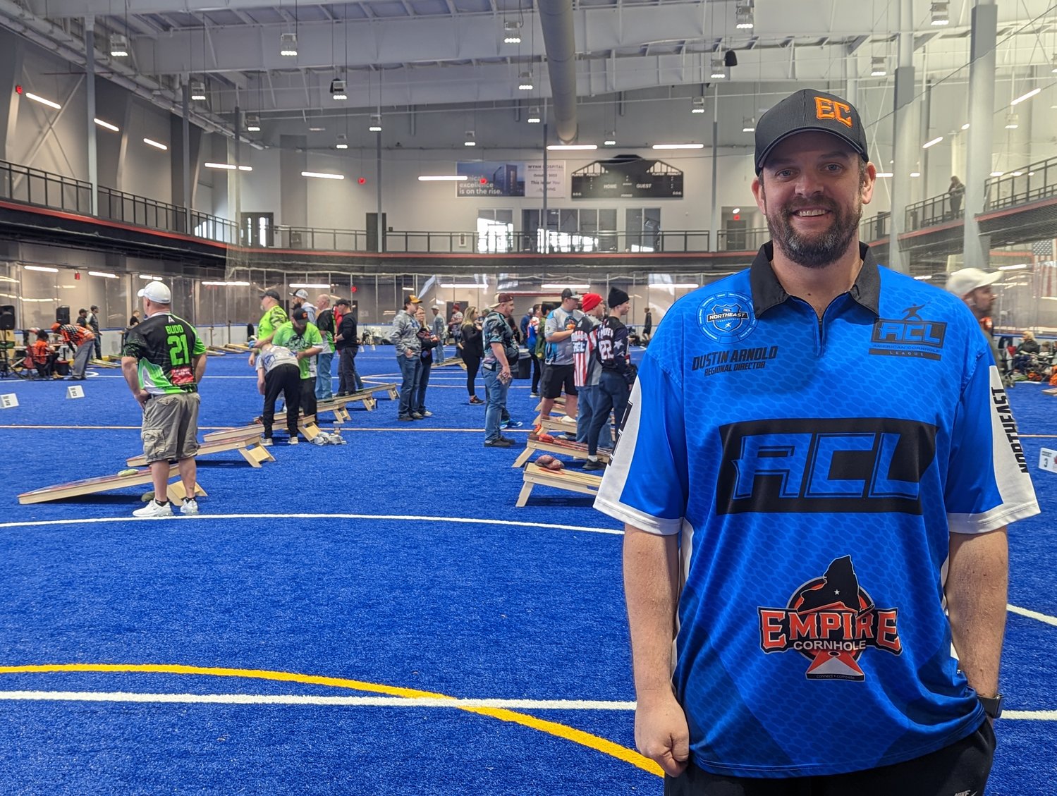 Dustin Arnold is the New York State director for the American Cornhole League, and the regional director for the Utica region. He hosts a monthly tournament for players of all ages at the Nexus Center in Utica. Arnold got into the cornhole business in 2015 and now runs his own event and equipment company, Empire Cornhole.