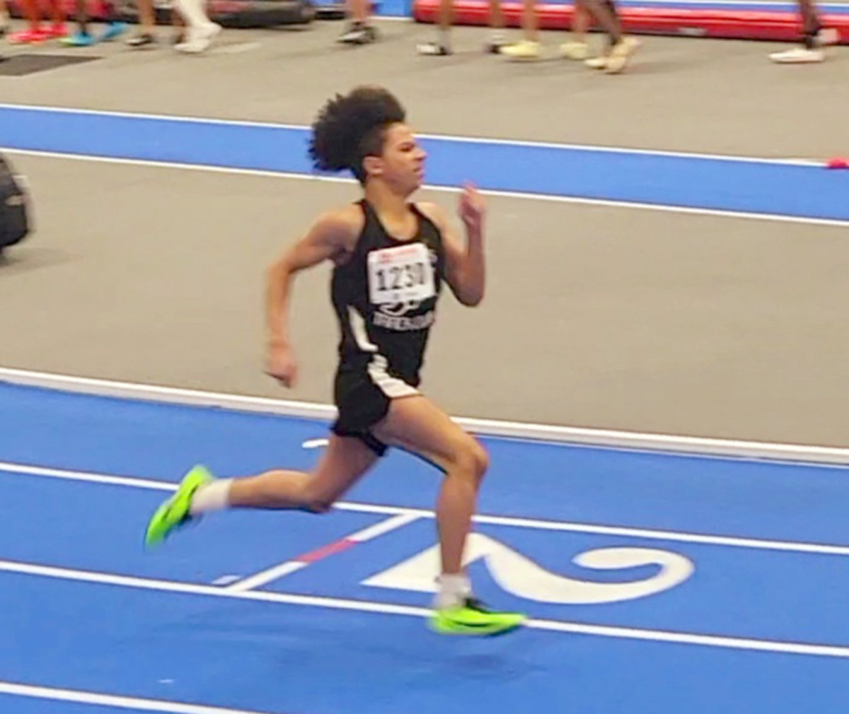 Willie Bellamy of Notre Dame had personal records in the 60, 200 and 400 for 14-year-olds at the 2023 AAU Indoor Track and Field Nationals in Virginia Beach.
