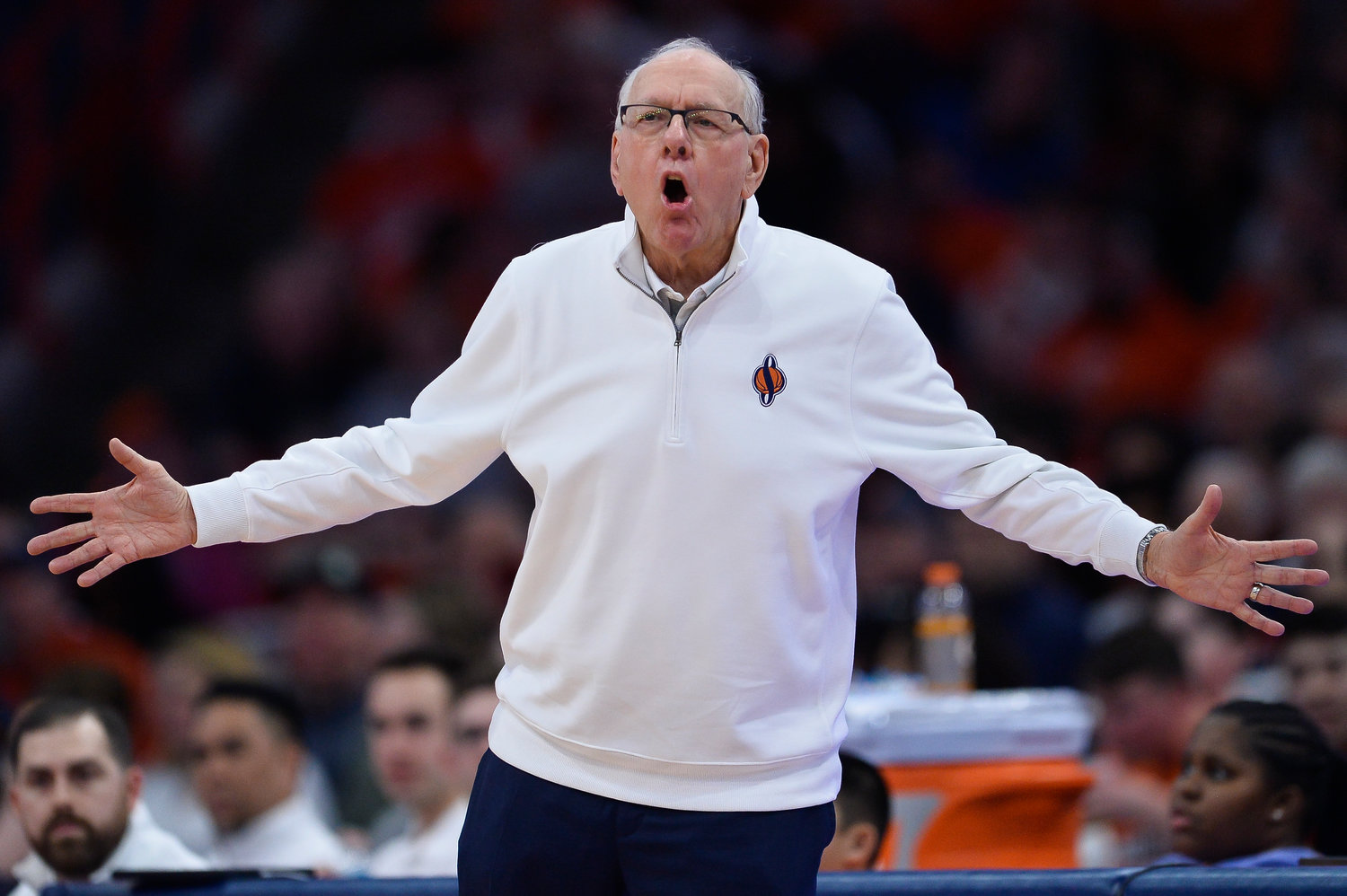 Syracuse head coach Jim Boeheim gestures during the second half of Saturday’s game against Wake Forest in Syracuse.