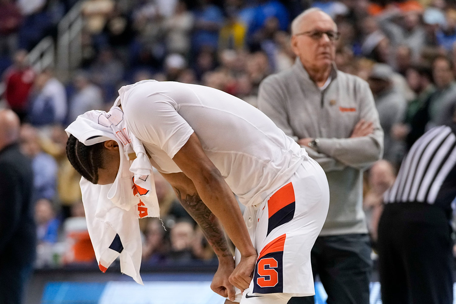 Syracuse guard Judah Mintz reacts after their loss against Wake Forest during a second round game of the Atlantic Coast Conference Tournament on Wednesday afternoon in Greensboro, N.C. The Orange lost 77-74.