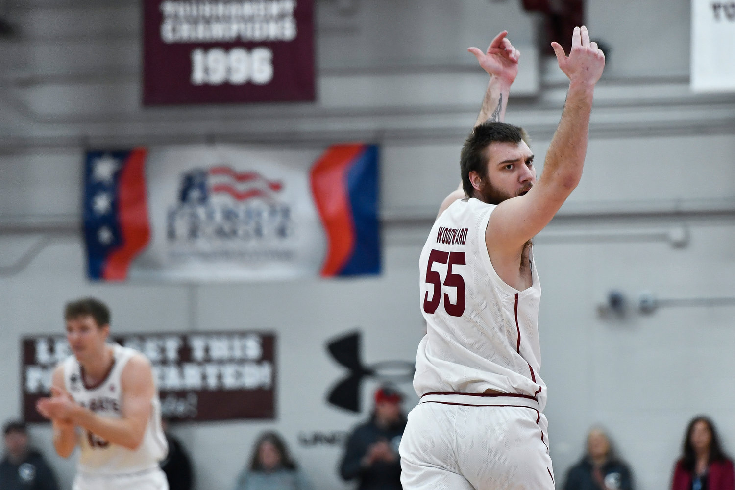 Colgate forward Jeff Woodward (55) reacts after scoring against Lafayette during the first half of the Patriot League Tournament championship on Wednesday night in Hamilton.