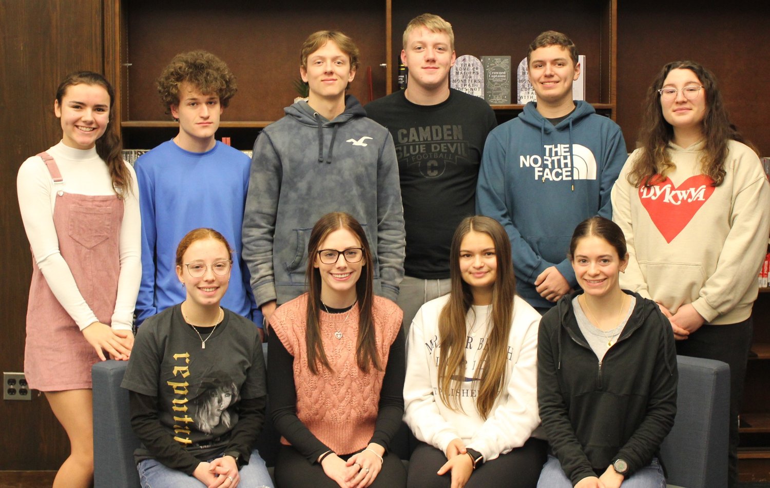 Members of the Top 10 academically in the Camden High School’s Class of 2023 pause from their studies for a quick photo. They include, from left, front row: Morgan Keil, Erica Zike, Marina Mikhaylyuk, and Katie Hite; back row: Jacey Hinds, Connor Perrotta, Jerome Seidl, Connor MacArthur, Koen Turner, and Marjorie Castilla.