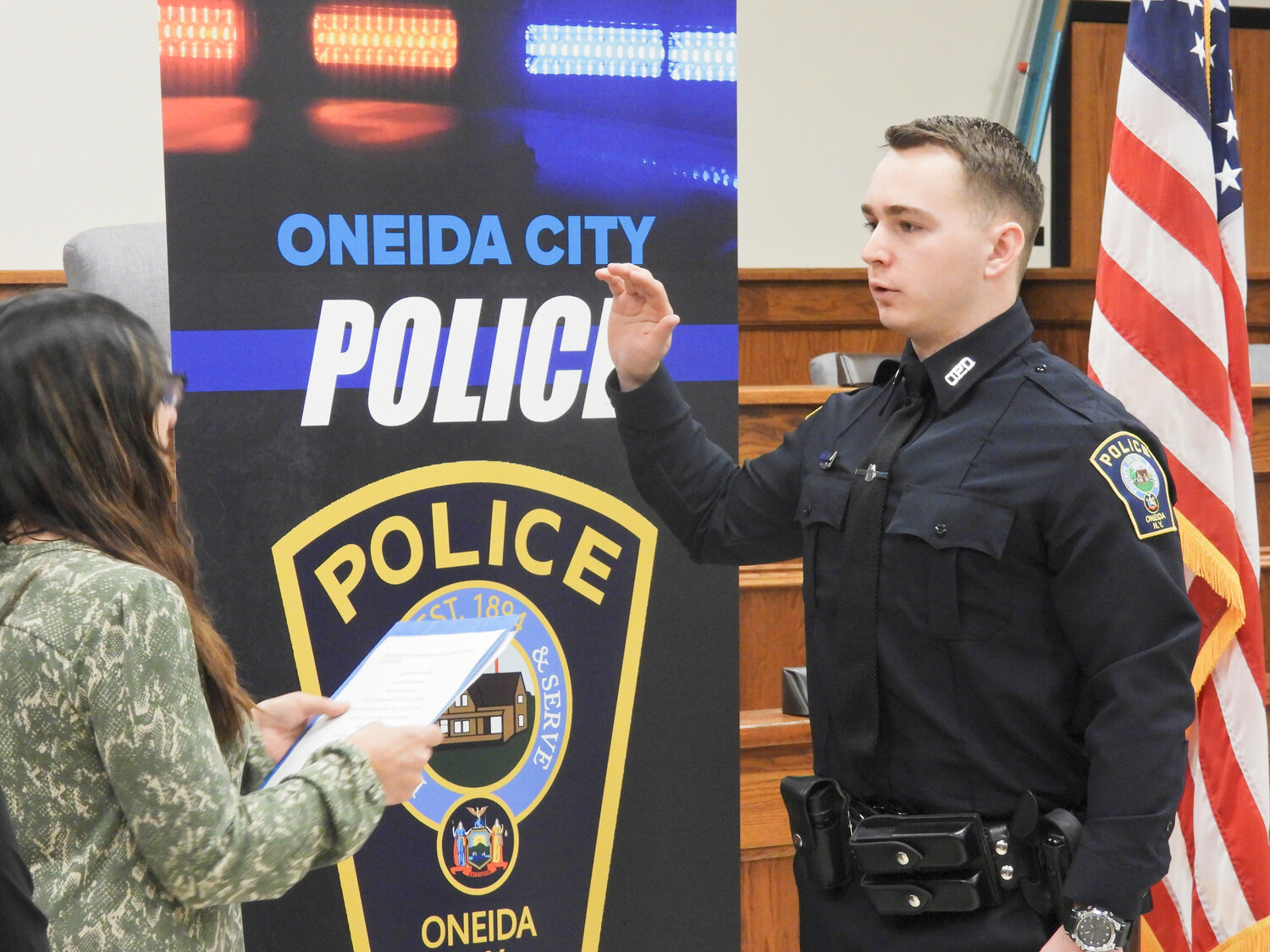 Officer Nicholas Weber takes takes his oath at a swearing-in ceremony in the Oneida Common Council on Thursday, March 9. Weber is currently enlisted in the Army National Guard and serves as a sergeant with the 2nd Squadron 101st Cavalry Regiment. He is currently leading the department in DWI arrest and is pursuing advanced training to become a Field Training Officer