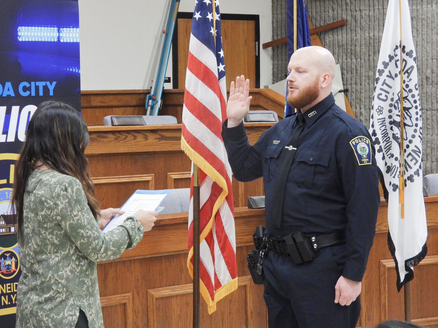 Officer Zachary Przybyla takes takes his oath at a swearing-in ceremony in the Oneida Common Council on Thursday, March 9. Przybyla served in the United States Marine Corp as an infantry rifleman for the 1st Battalion 1st Marine Regiment and later the 3rd Light Armored Reconnaissance Battalion. He transferred from the Oneida County Sheriff's Office