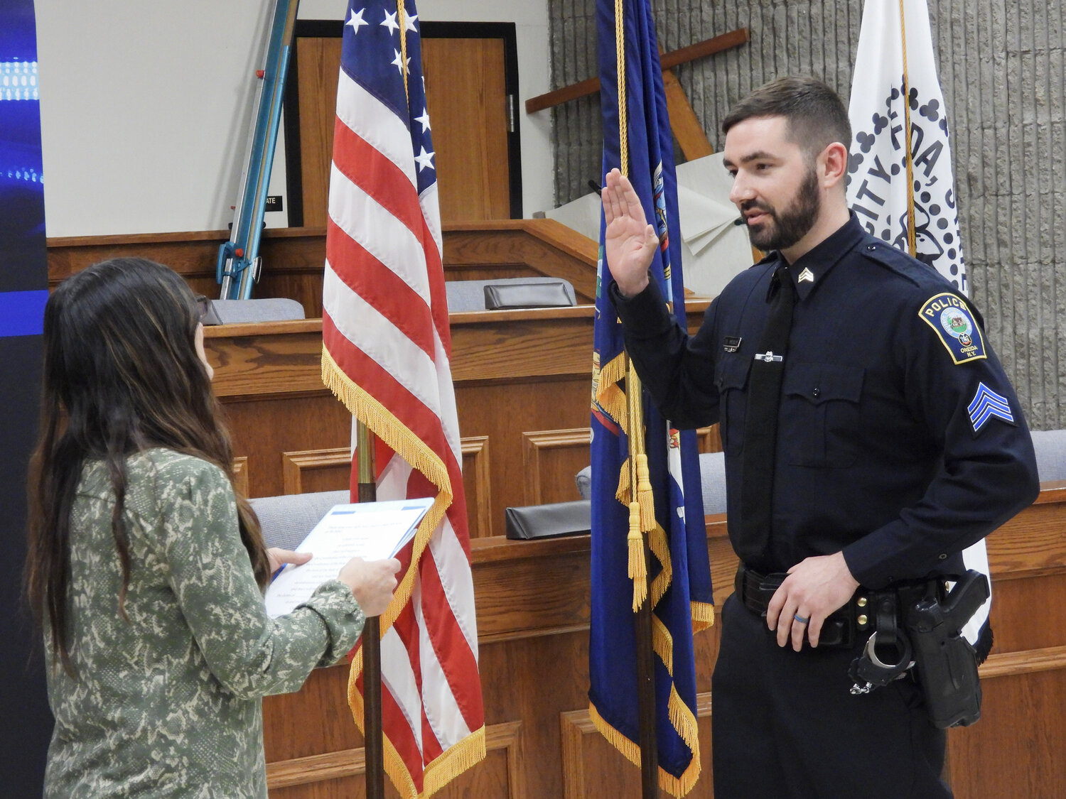Sergeant Tyler Witchley takes takes his oath at a swearing-in ceremony in the Oneida Common Council on Thursday, March 9. Witchley was an infantryman for the United States Army from 2011 to 2014, serving a tour of duty in Afghanistan. He's received the Chief's Letter of Recommendation on multiple occasions and has been recognized by the Madison County Stop DWI program for his efforts to stop drunk and impaired driving